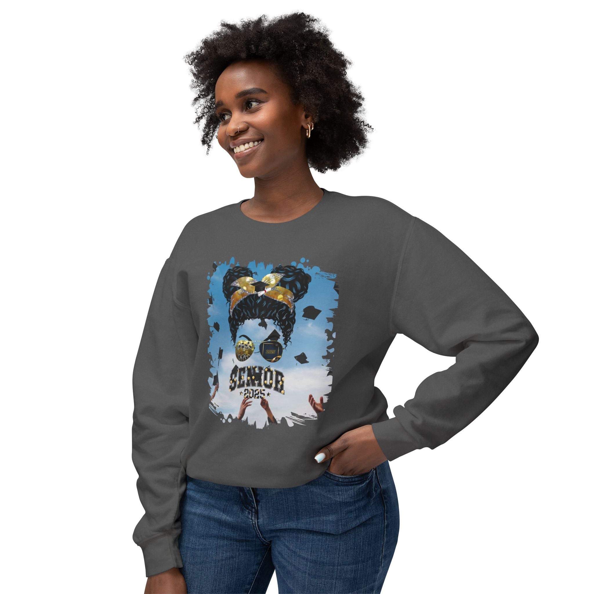 Senior 2025 Balloons, Celebration, Black Hair Messy Bun, Unisex Lightweight Crewneck Sweatshirt
