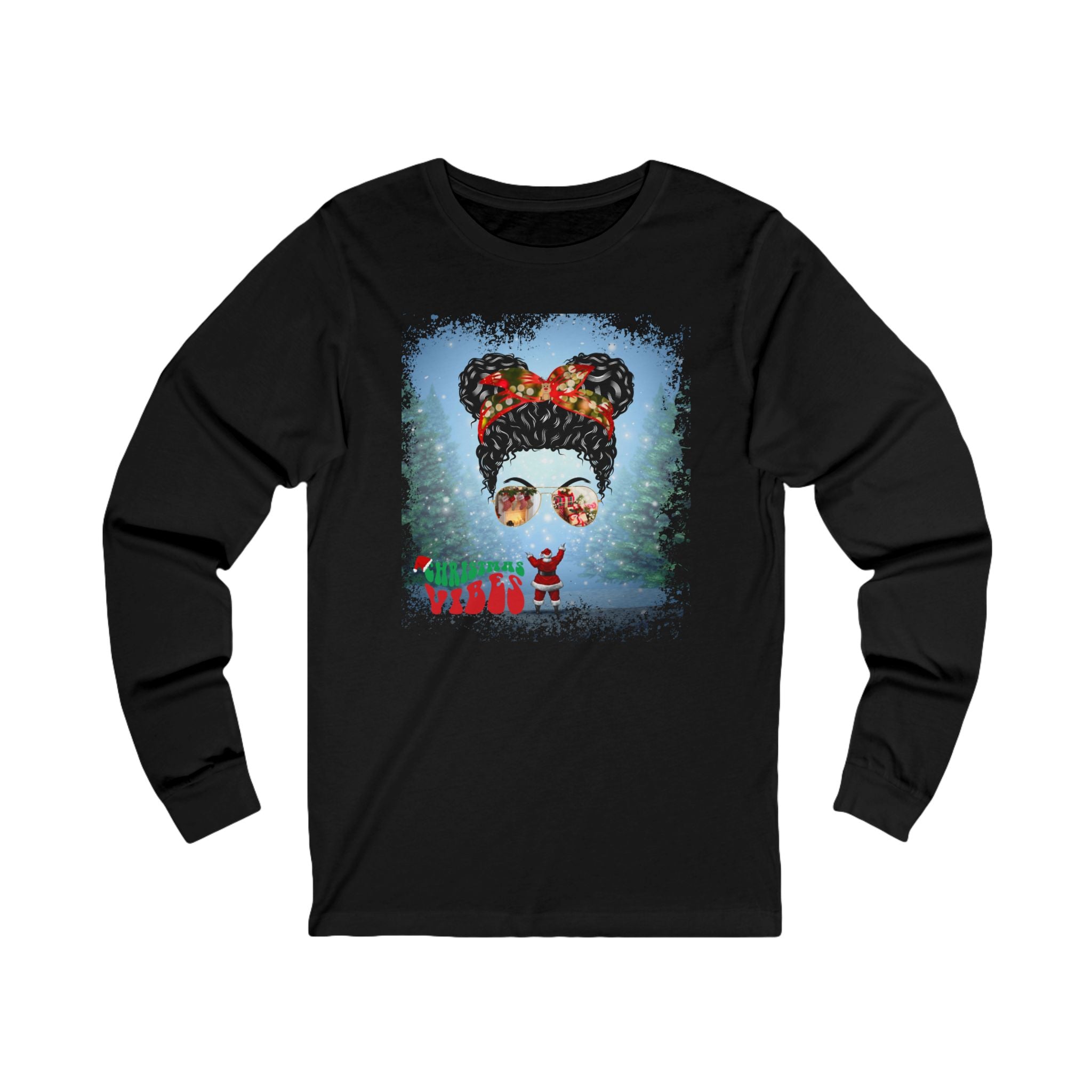 Christmas Vibes Santa, Black Hair Messy Bun, Unisex Jersey Long Sleeve Tee