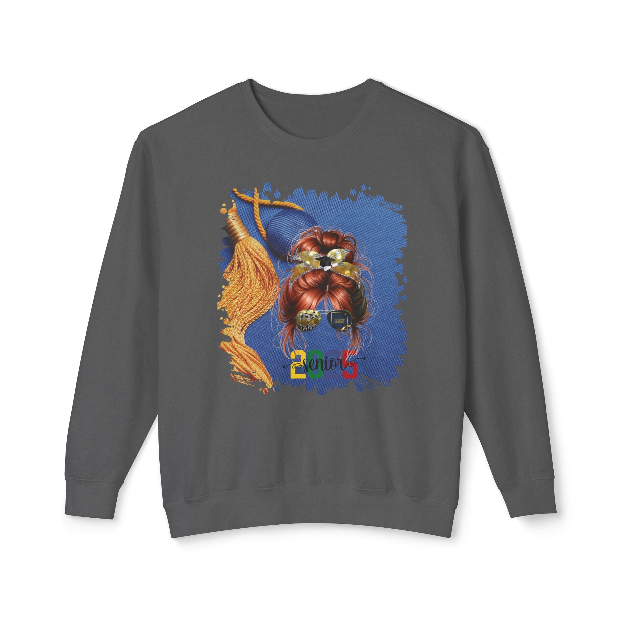 Senior 2025 Colorful, Graduation Cap, Red Hair Messy Bun, Unisex Lightweight Crewneck Sweatshirt