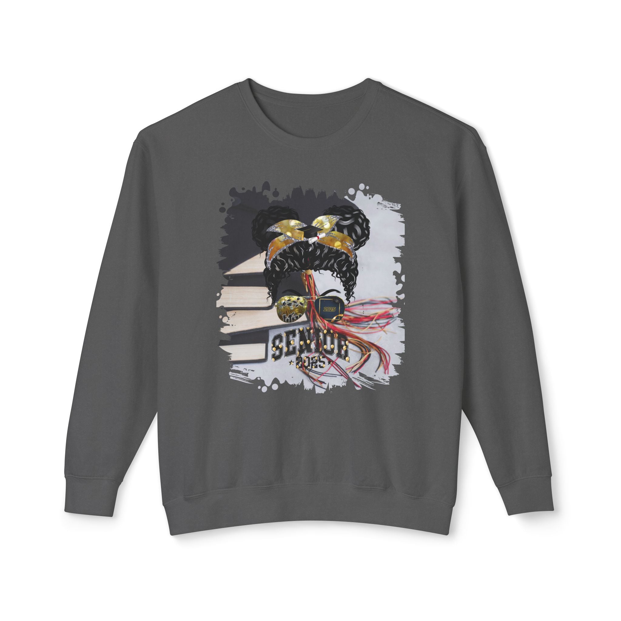 Senior 2025 Balloons, Cap & Books, Black Hair Messy Bun, Unisex Lightweight Crewneck Sweatshirt
