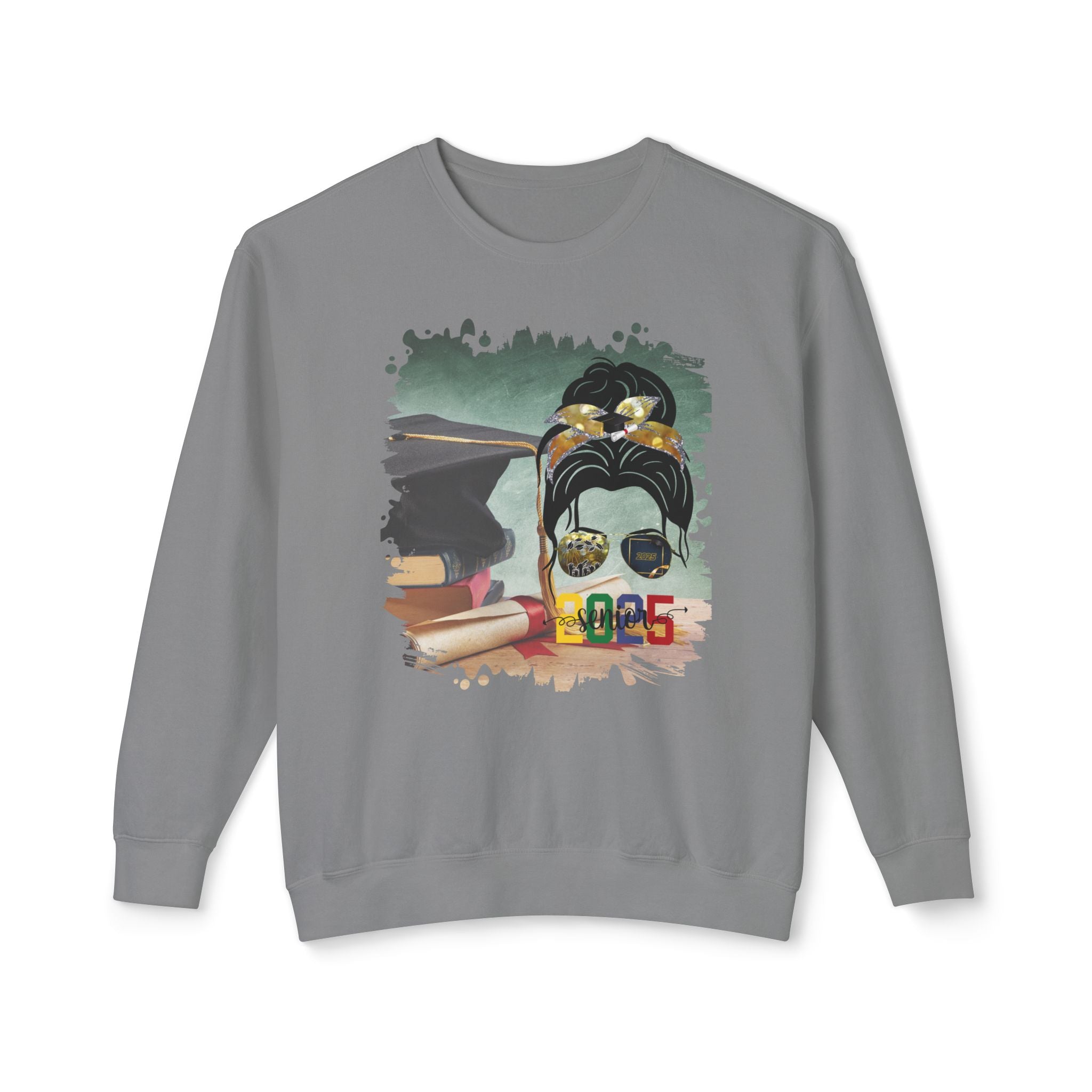 Senior 2025 Colorful, Cap & Degree/Diploma, Dark Hair Messy Bun, Unisex Lightweight Crewneck Sweatshirt