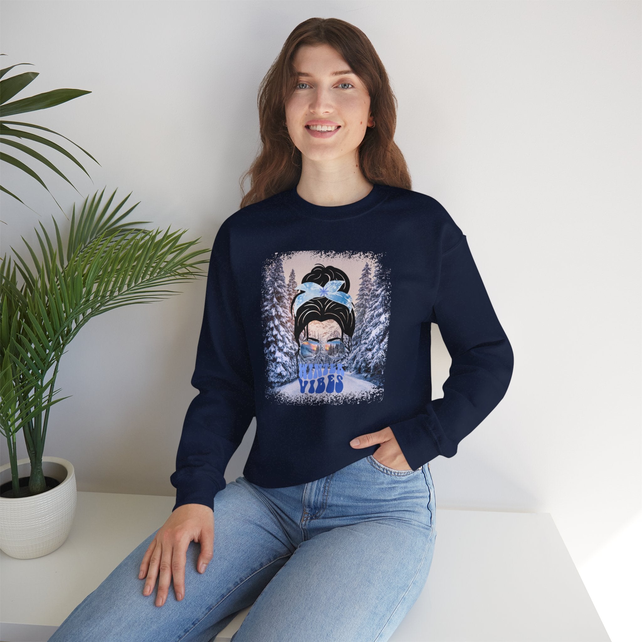 Winter Vibes Winter Trail, Dark Hair Messy Bun, Unisex Heavy Blend™ Crewneck Sweatshirt