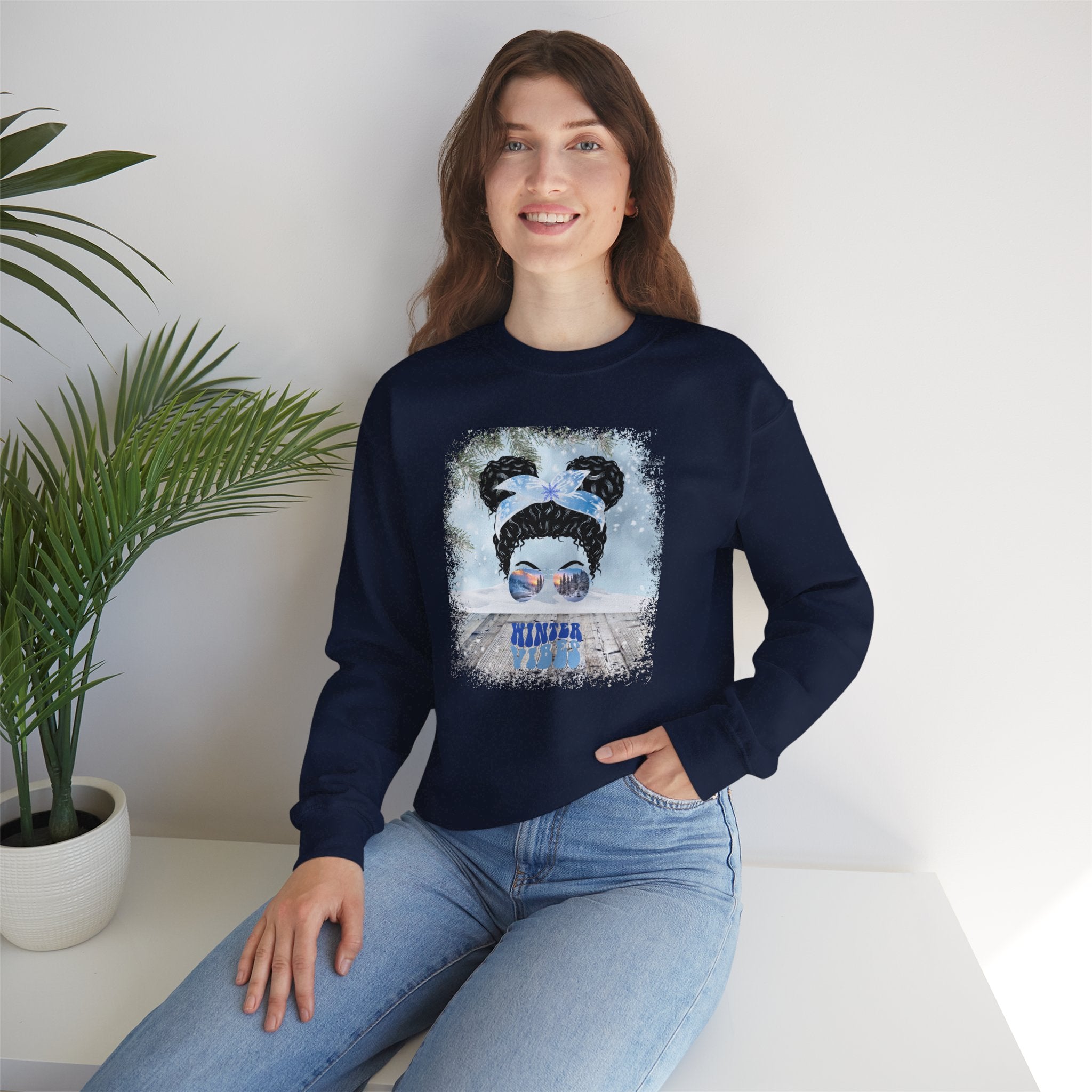 Winter Vibes Snowy Porch, Black Hair Messy Bun, Unisex Heavy Blend™ Crewneck Sweatshirt