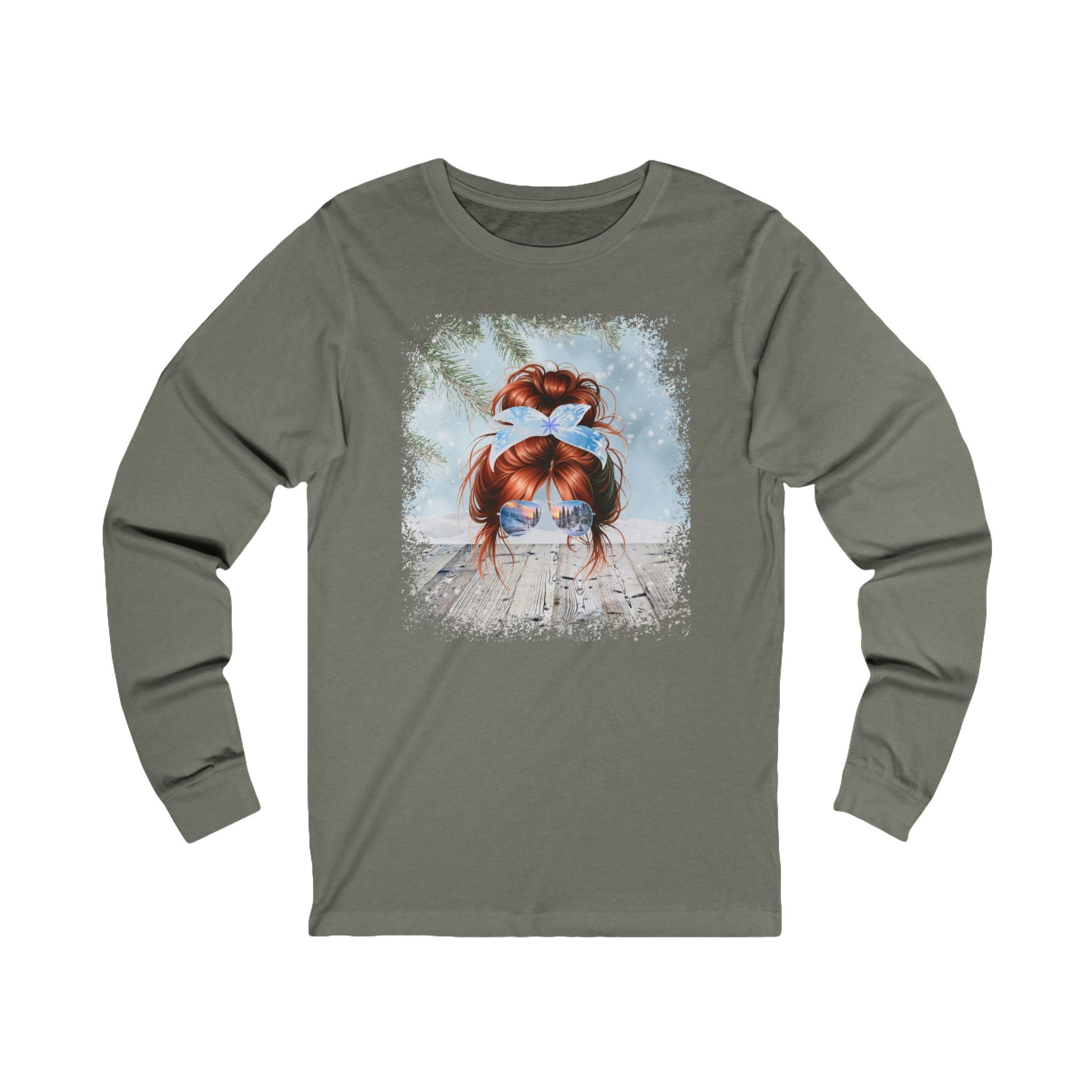 Winter Snowy Porch, Red Hair Messy Bun, Unisex Jersey Long Sleeve Tee