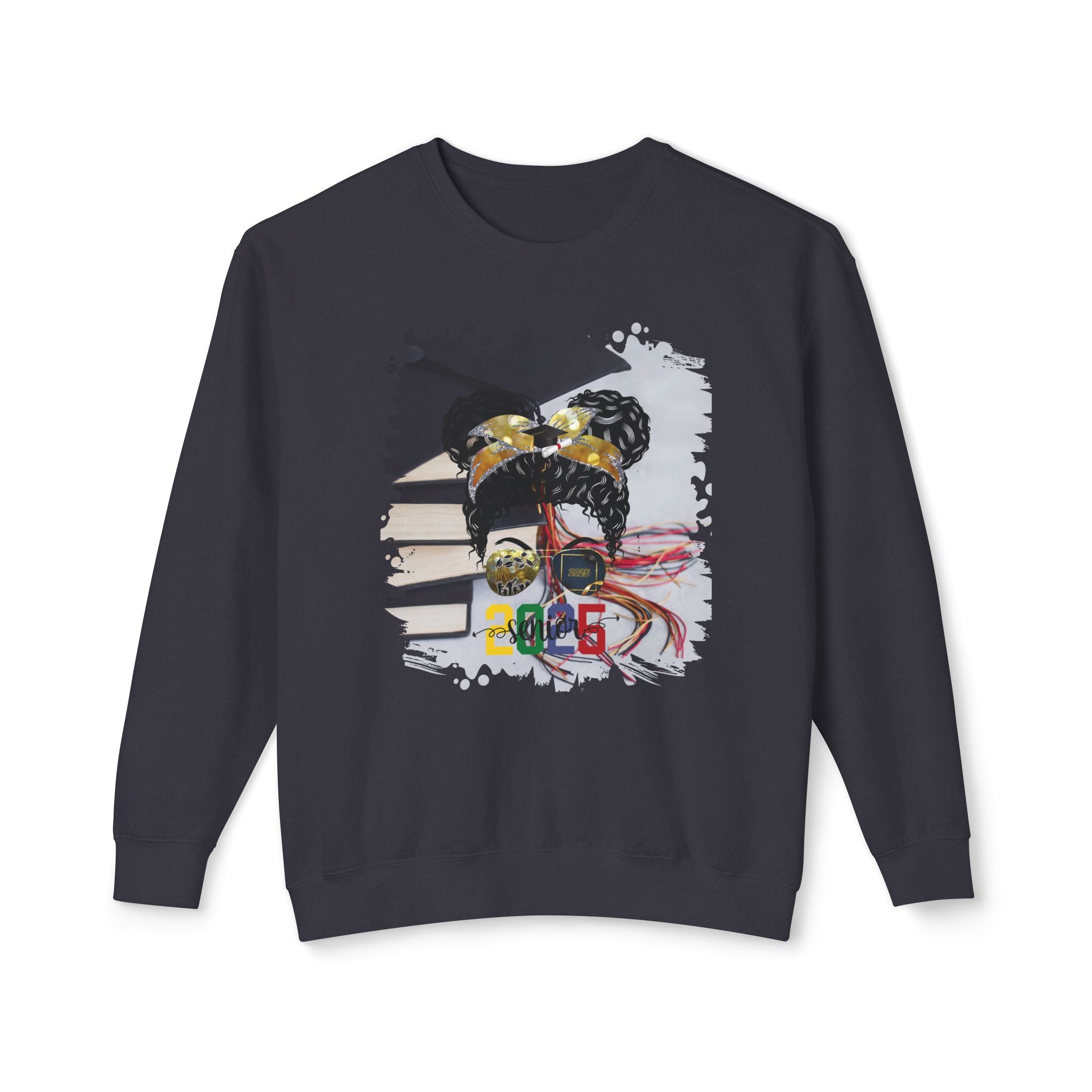 Senior 2025 Colorful, Cap & Books, Black Hair Messy Bun, Unisex Lightweight Crewneck Sweatshirt