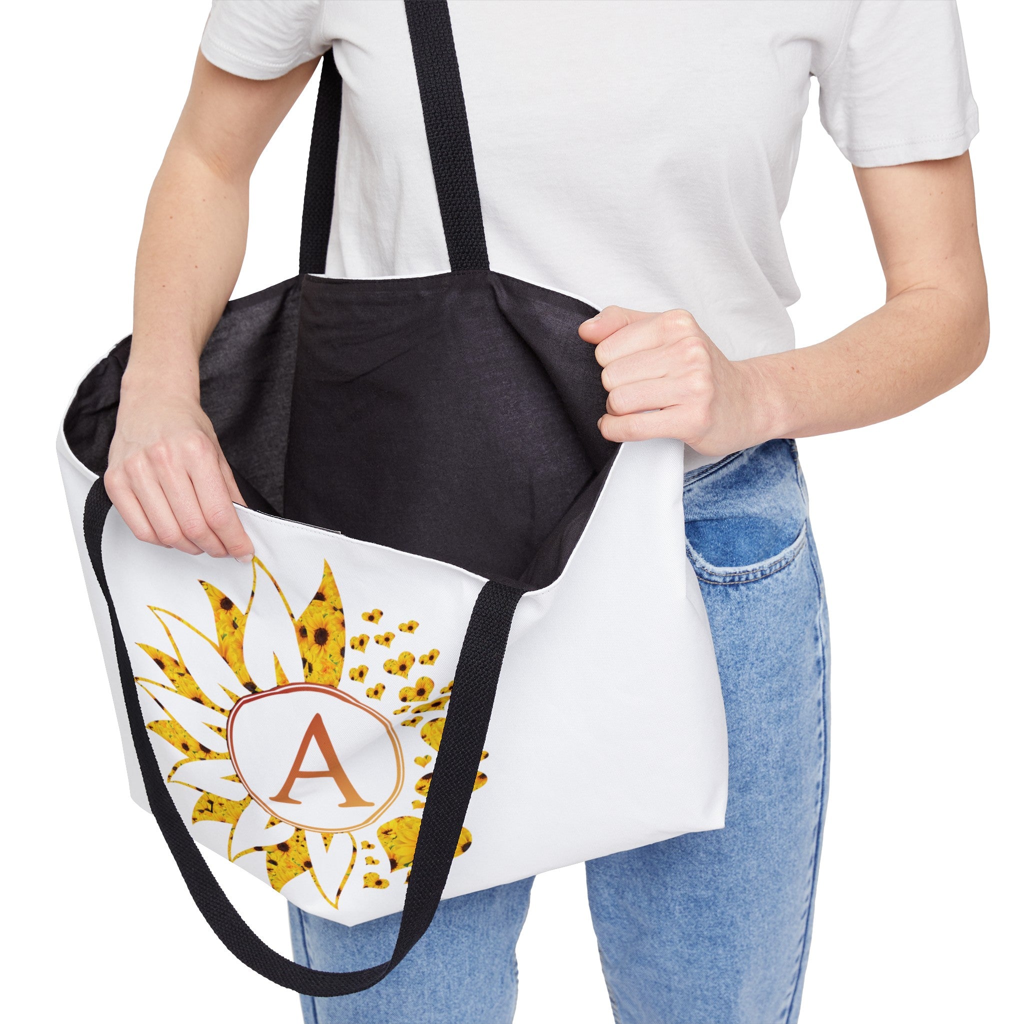 Flower & Hearts Personalized Monogram Weekender Tote Bag, Sunflower & Sunflower Hearts