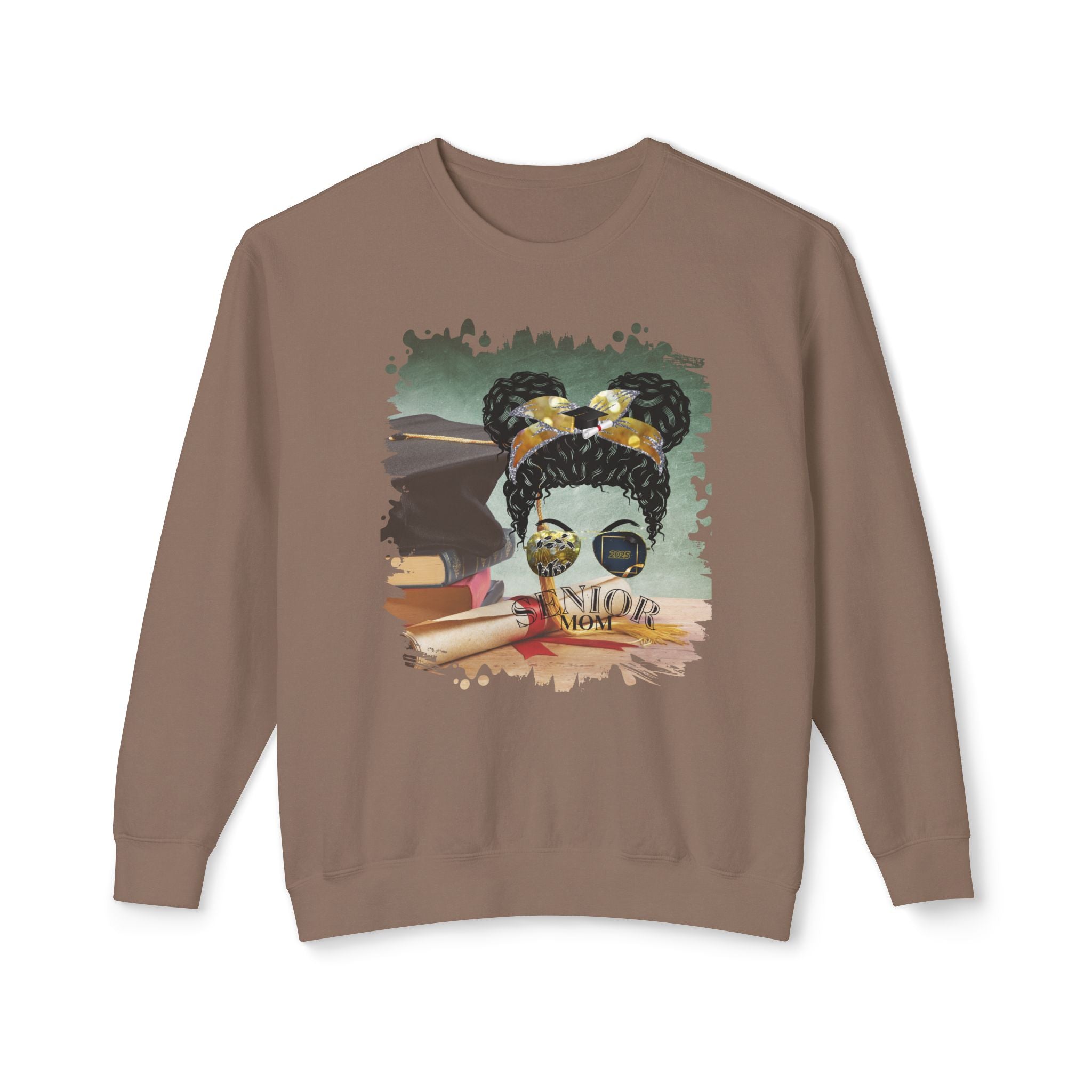 Senior Mom, Cap & Degree/Diploma, Black Hair Messy Bun, Unisex Lightweight Crewneck Sweatshirt