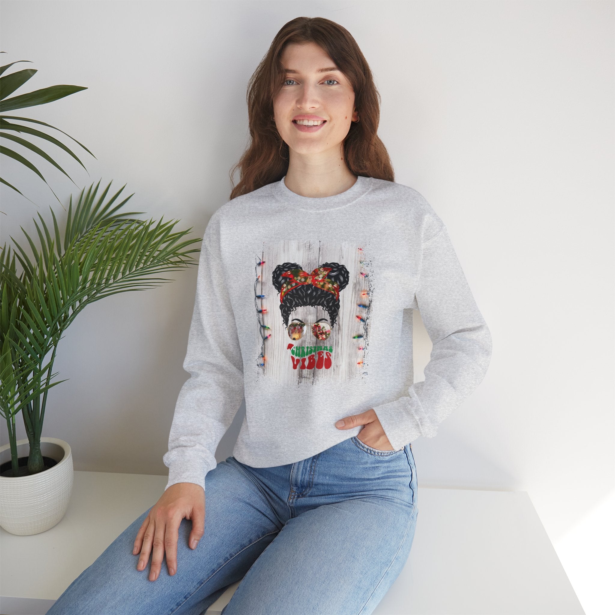 Christmas Vibes Christmas String Lights, Black Hair Messy Bun, Unisex Heavy Blend™ Crewneck Sweatshirt