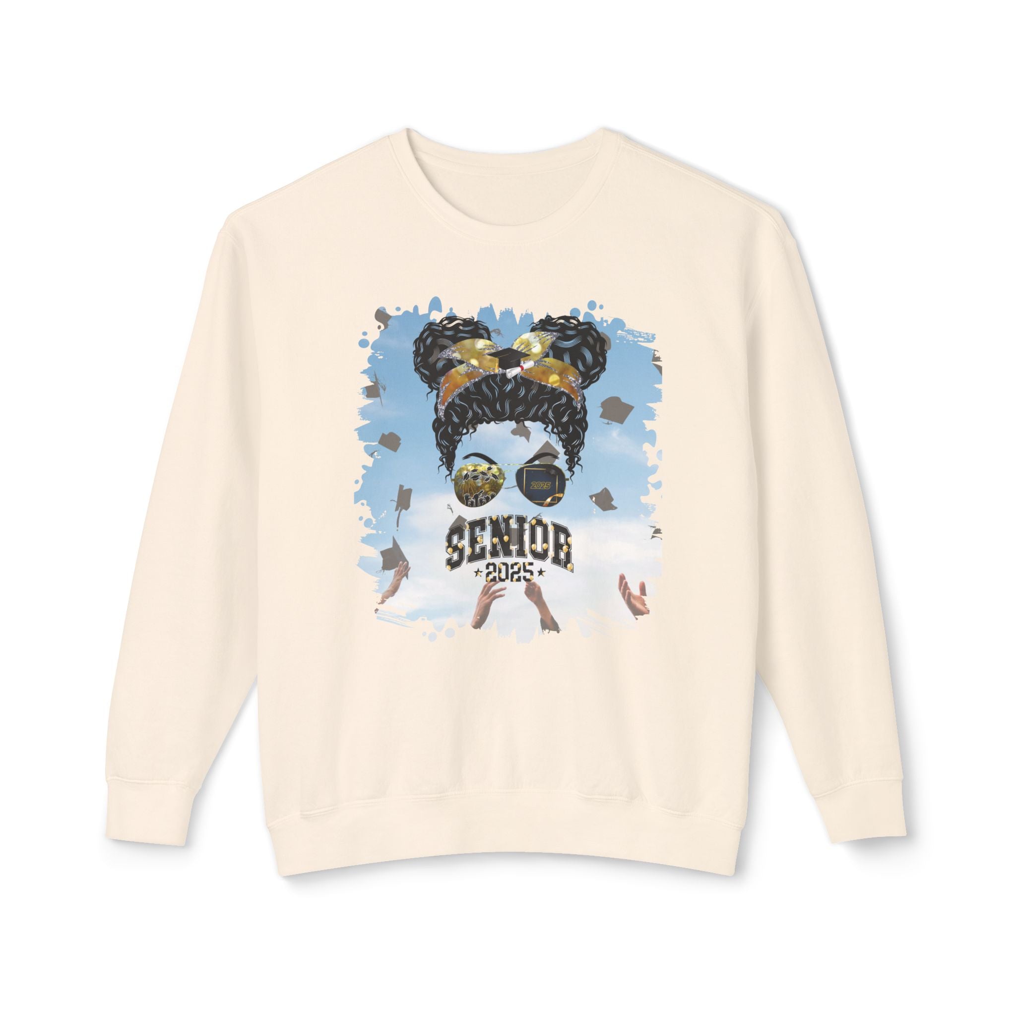Senior 2025 Balloons, Celebration, Black Hair Messy Bun, Unisex Lightweight Crewneck Sweatshirt