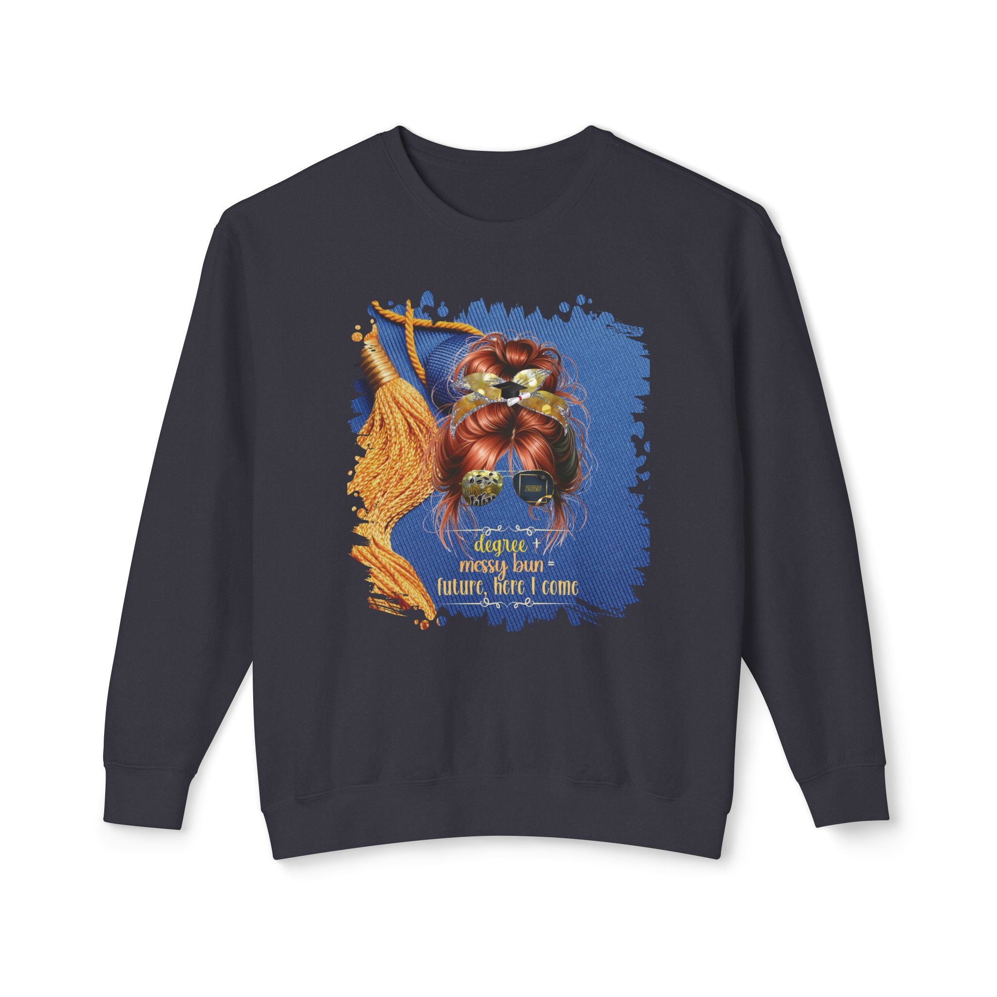 Degree + Messy Bun, Graduation Cap, Red Hair Messy Bun, Unisex Lightweight Crewneck Sweatshirt
