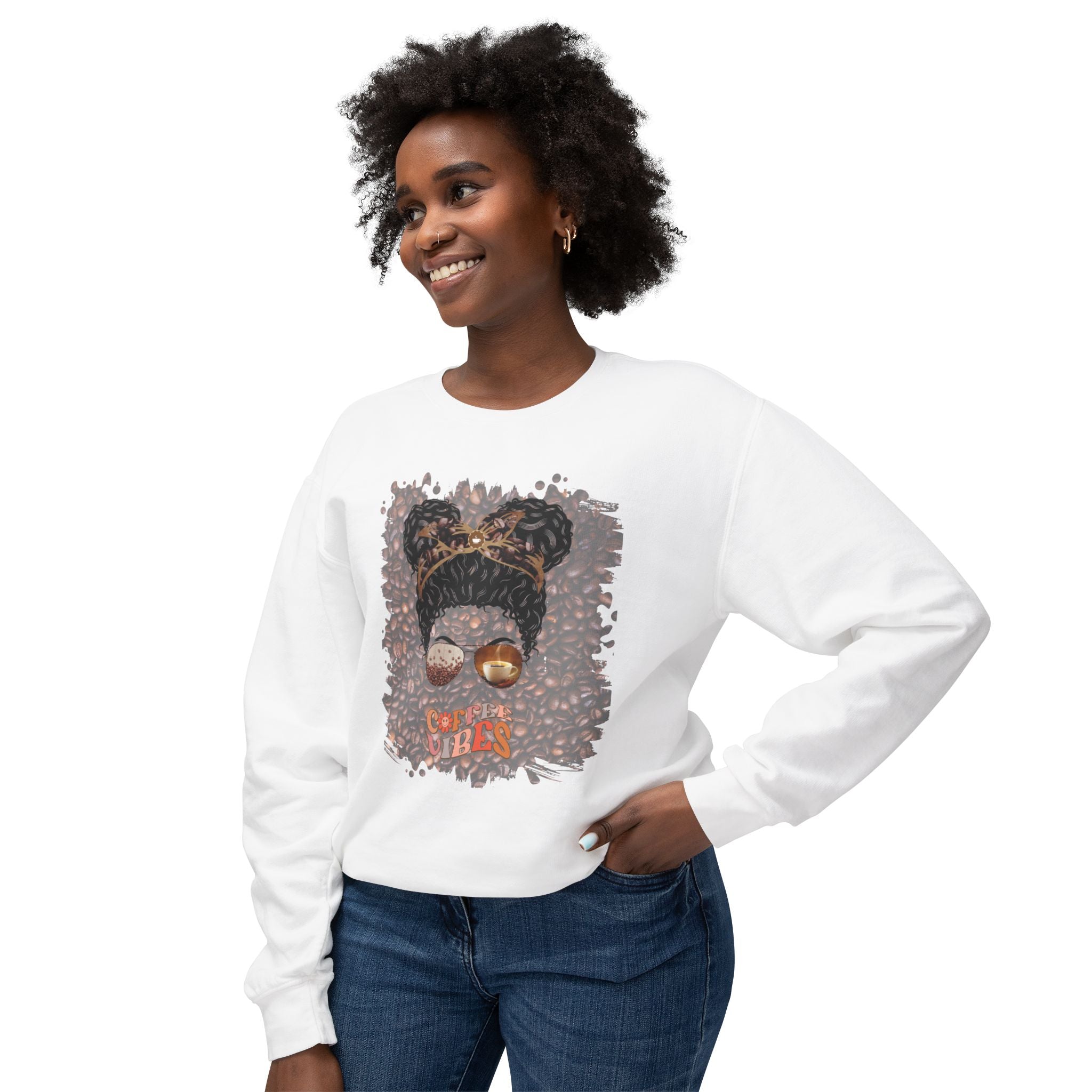 Coffee Vibes, Coffee Beans, Black Hair Messy Bun, Unisex Lightweight Crewneck Sweatshirt