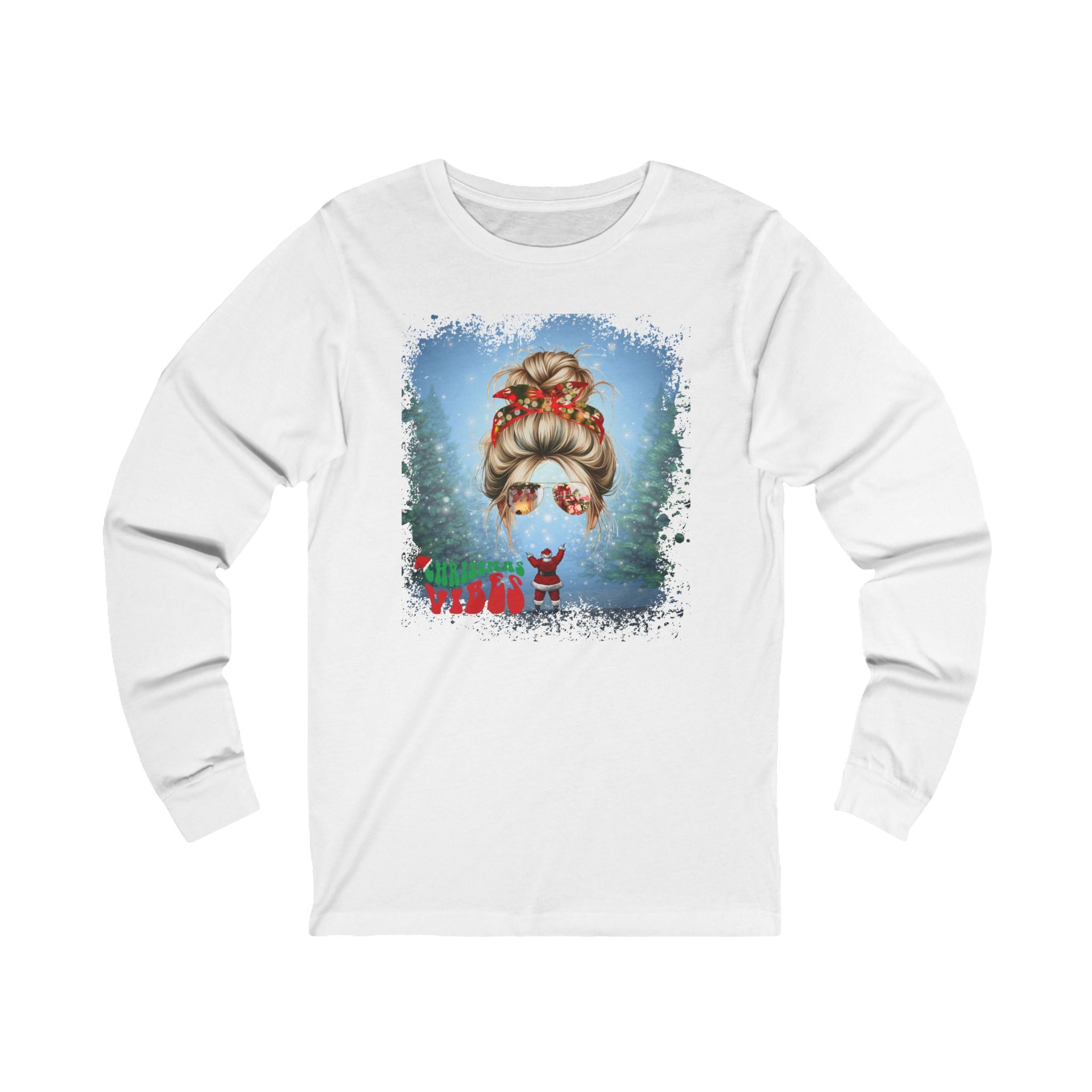 Christmas Vibes Santa, Blond Hair Messy Bun, Unisex Jersey Long Sleeve Tee