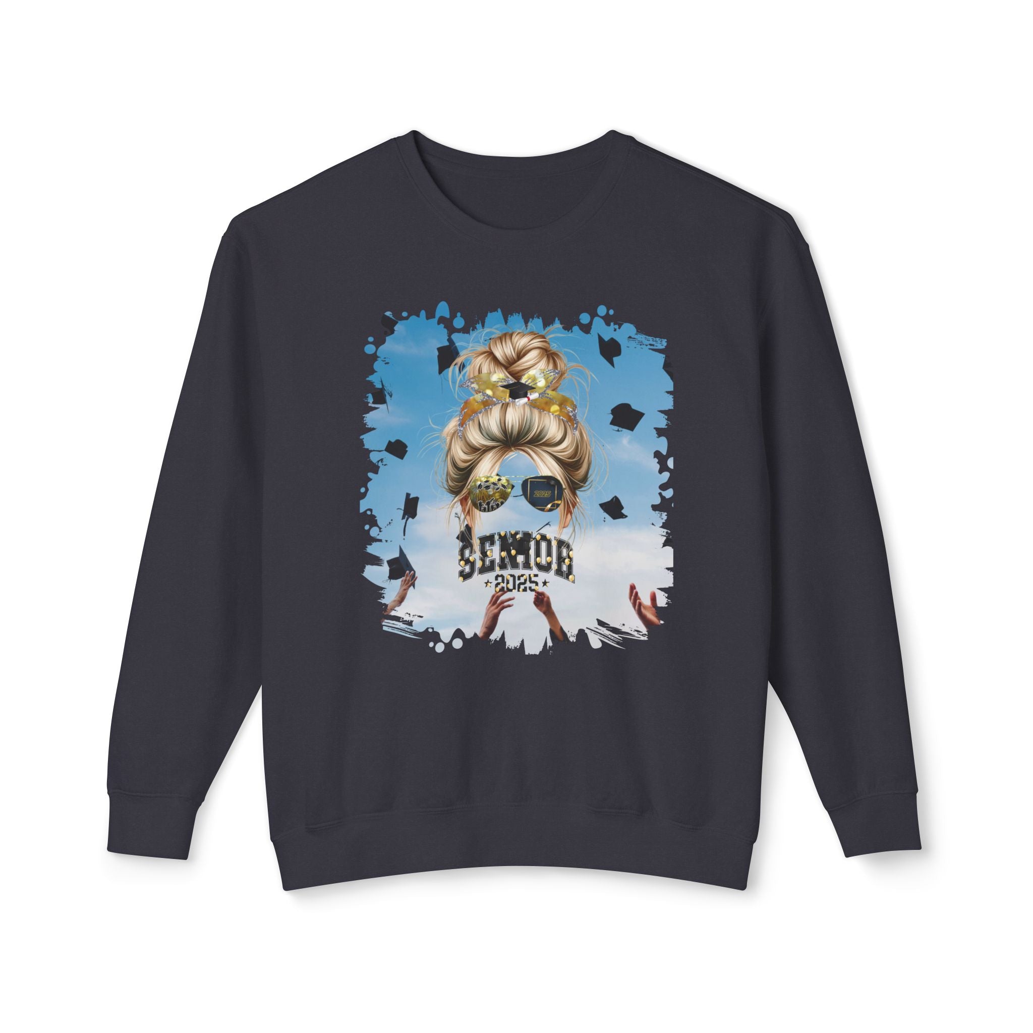 Senior 2025 Balloons, Celebration, Blond Hair Messy Bun, Unisex Lightweight Crewneck Sweatshirt