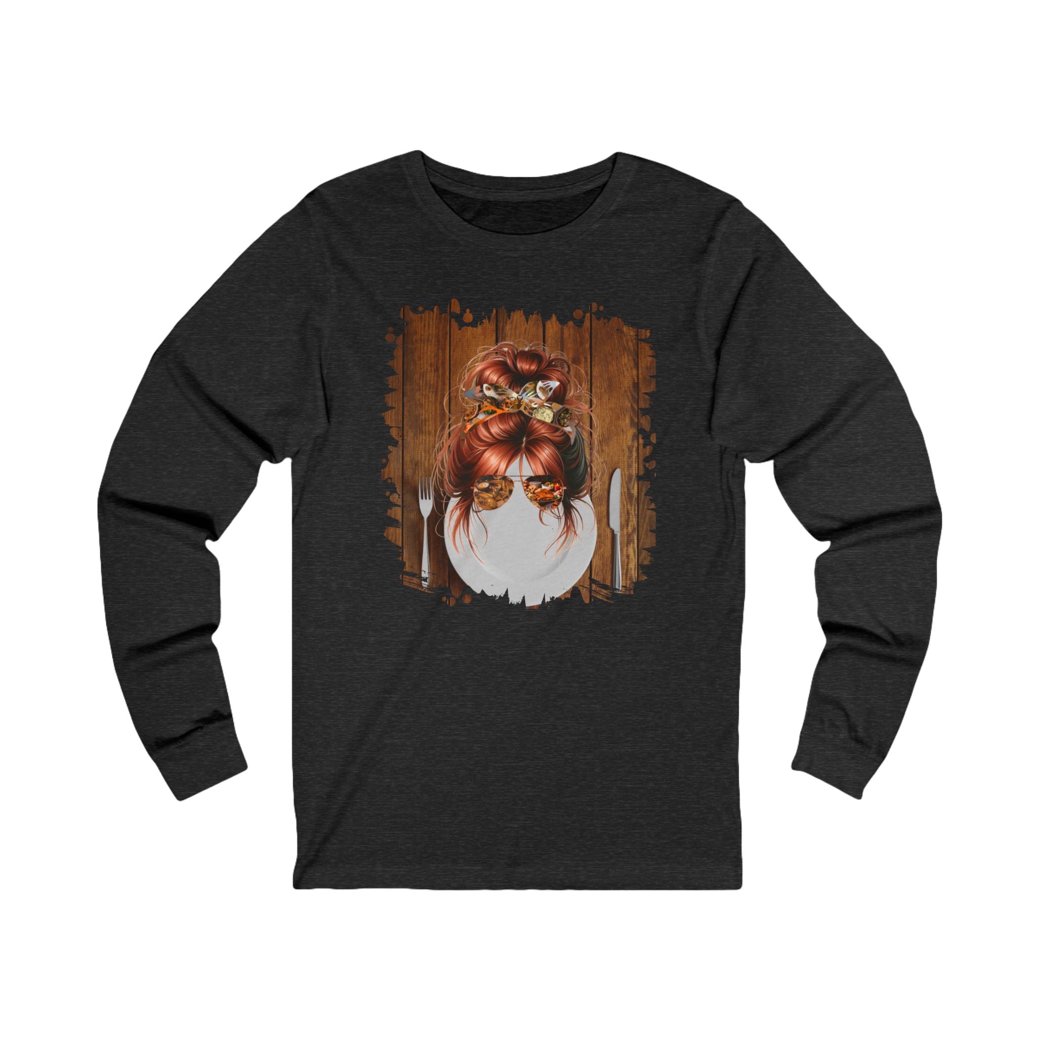 Plate Setting, Red Hair Messy Bun, Unisex Jersey Long Sleeve Tee