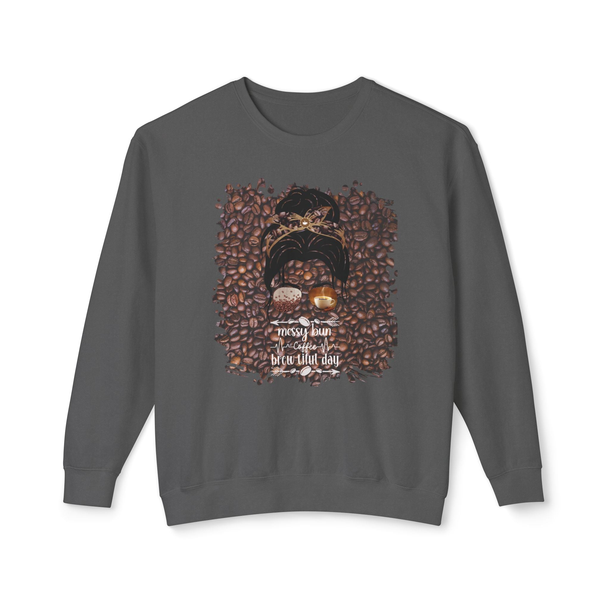 Coffee Heartbeat, Coffee Beans, Dark Hair Messy Bun, Unisex Lightweight Crewneck Sweatshirt
