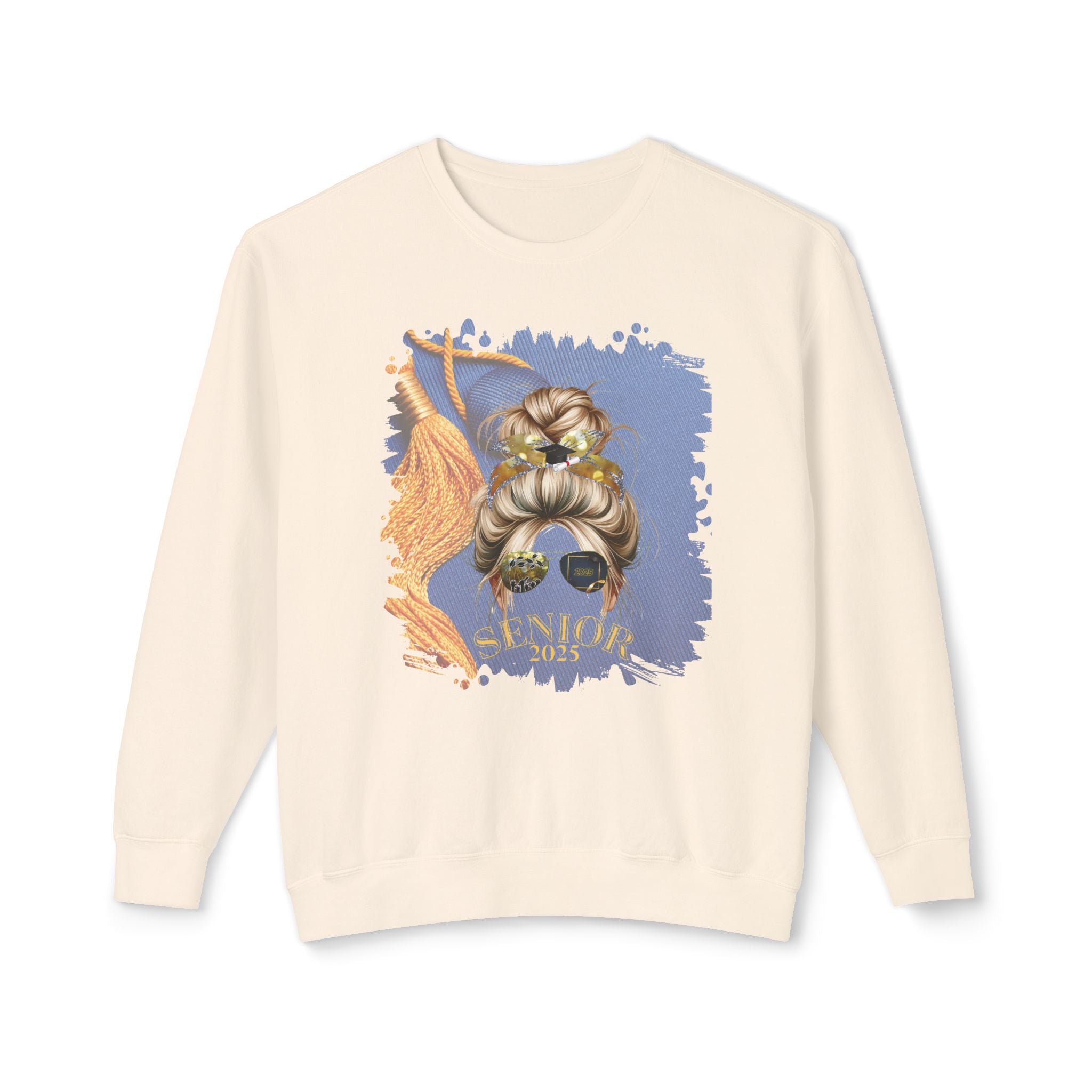 Senior 2025, Graduation Cap, Blond Hair Messy Bun, Unisex Lightweight Crewneck Sweatshirt