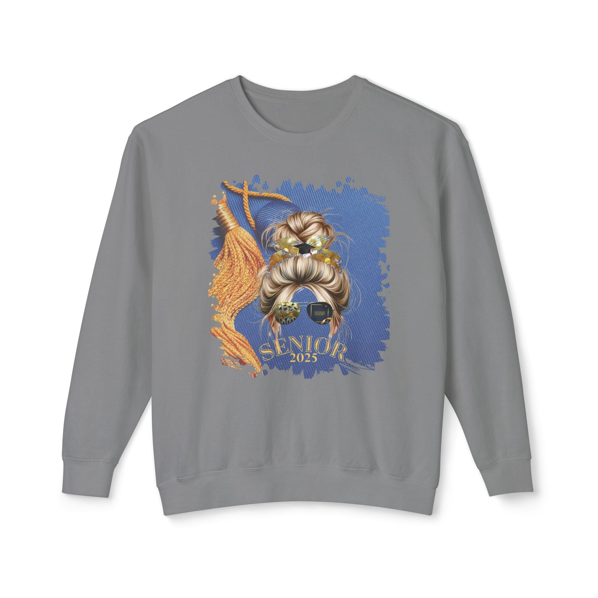 Senior 2025, Graduation Cap, Blond Hair Messy Bun, Unisex Lightweight Crewneck Sweatshirt