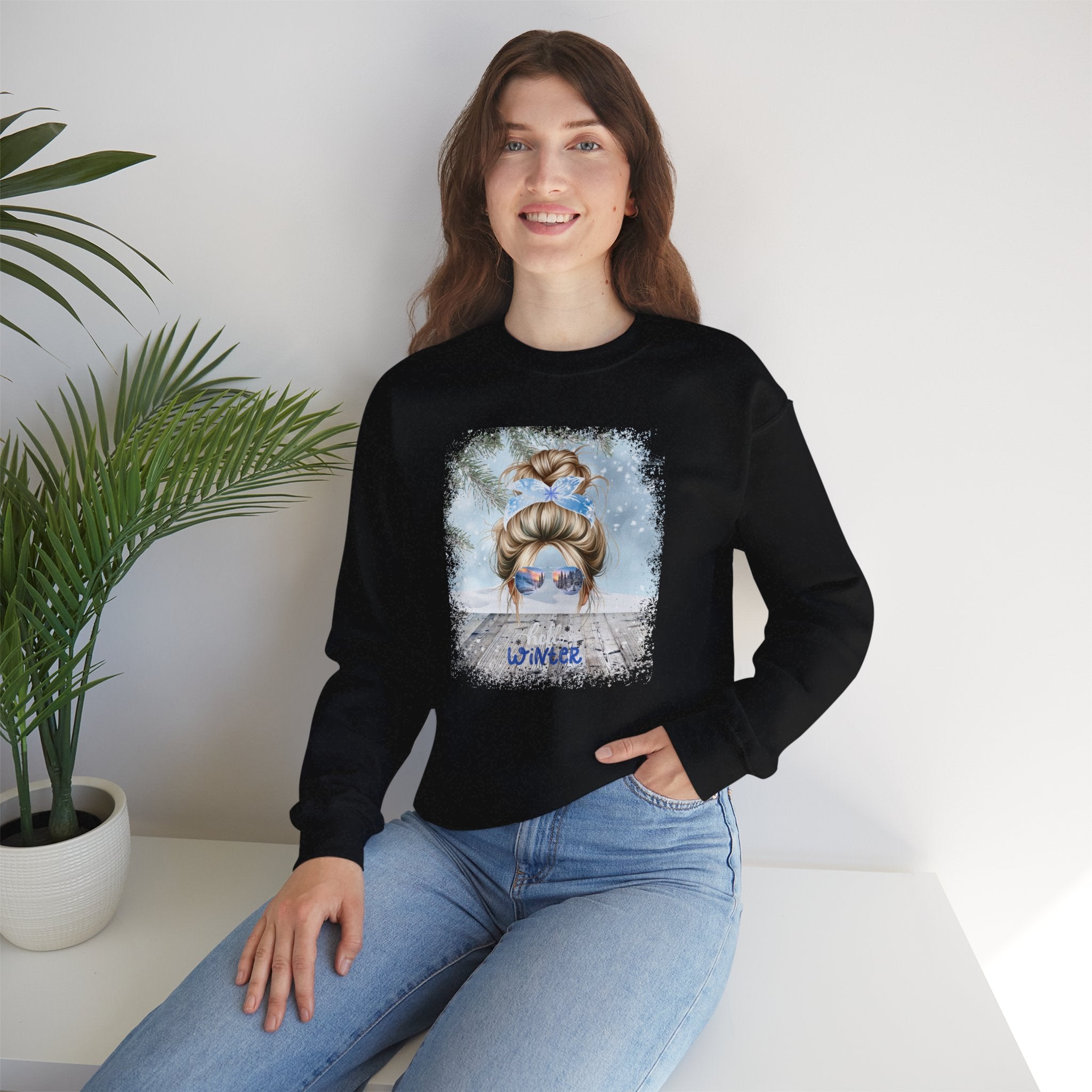 Hello Winter Snowy Porch, Blond Hair Messy Bun, Unisex Heavy Blend™ Crewneck Sweatshirt