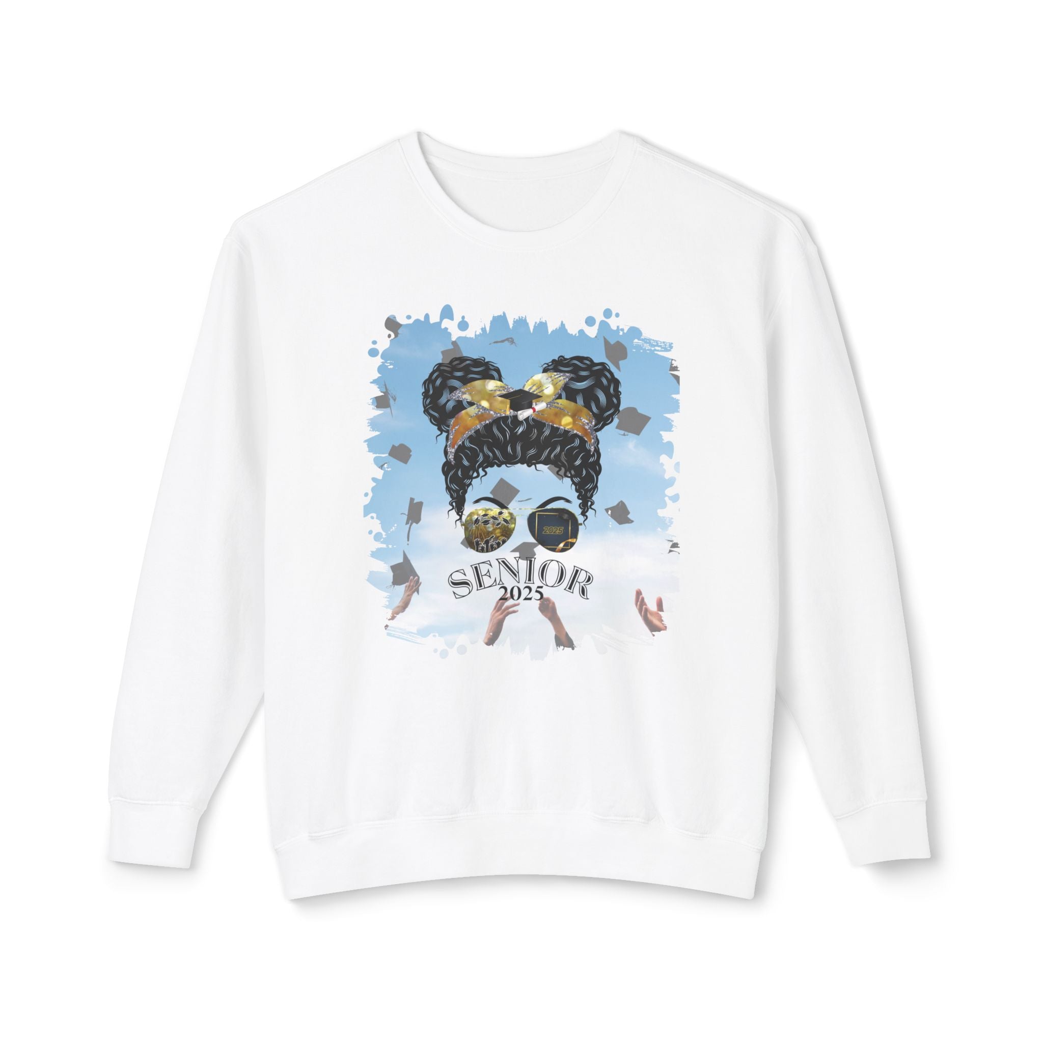 Senior 2025, Celebration, Black Hair Messy Bun, Unisex Lightweight Crewneck Sweatshirt