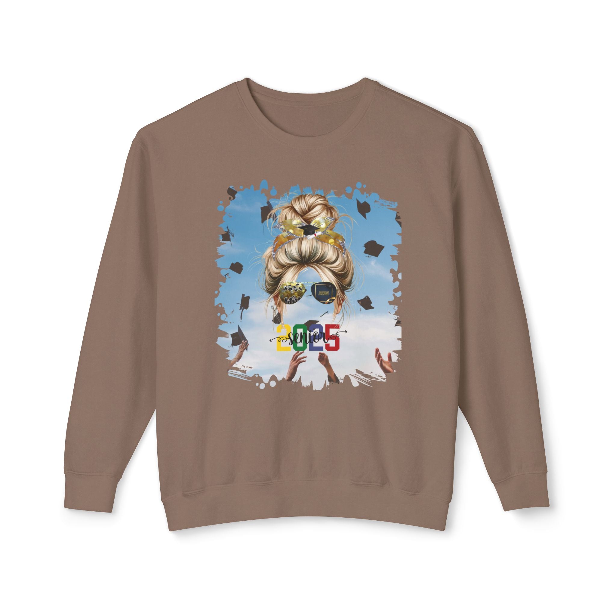 Senior 2025 Colorful, Celebration, Blond Hair Messy Bun, Unisex Lightweight Crewneck Sweatshirt