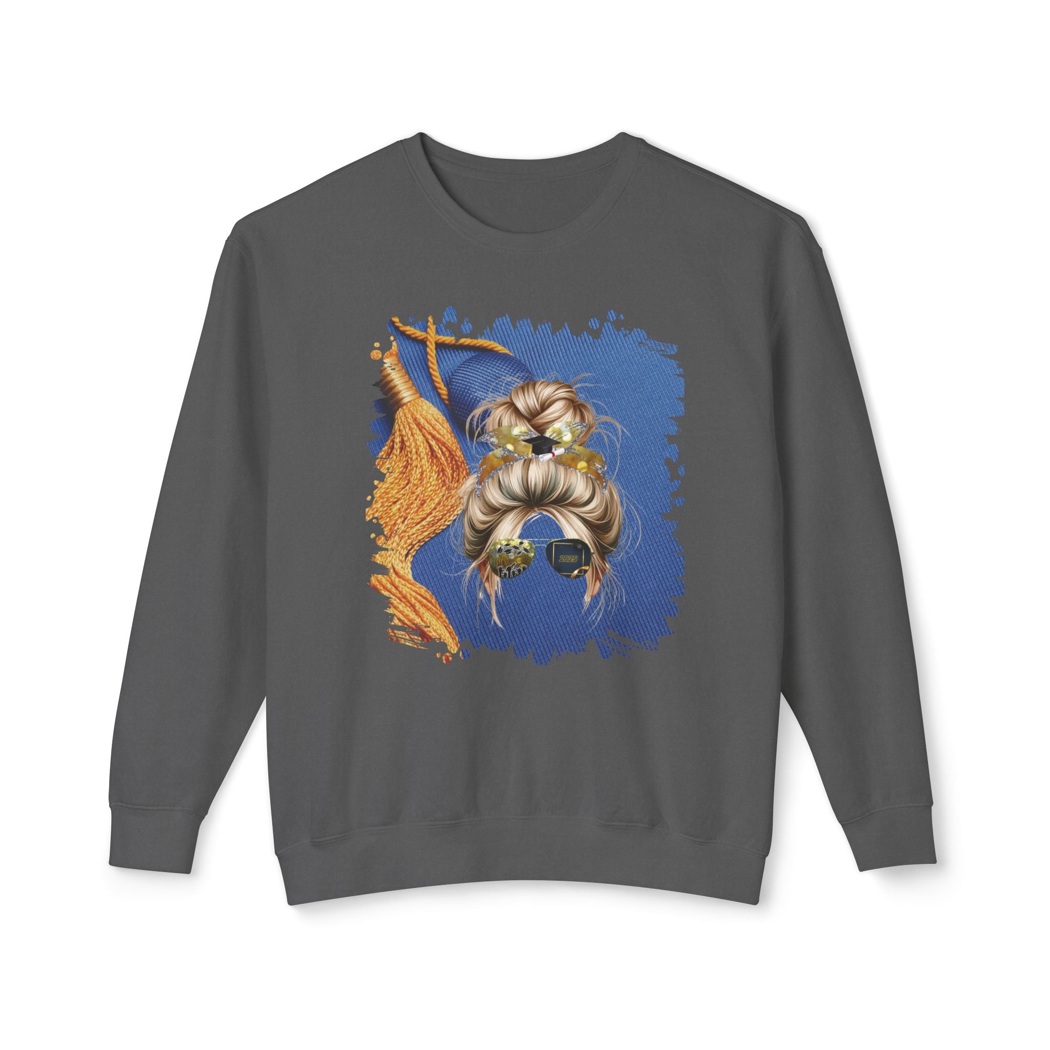 Graduation Cap, Blond Hair Messy Bun, Unisex Lightweight Crewneck Sweatshirt