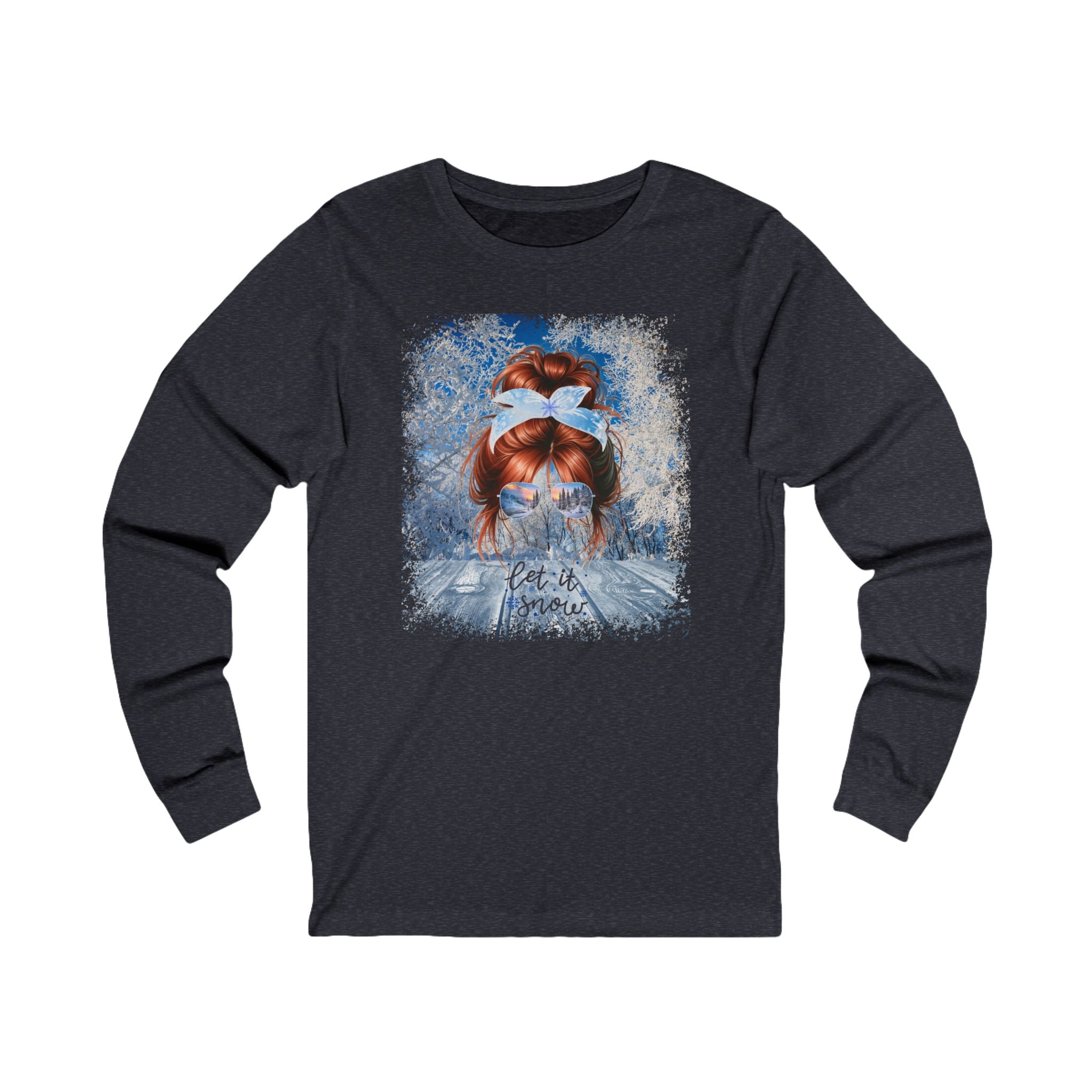 Let it Snow Winter Sunny Porch, Red Hair Messy Bun, Unisex Jersey Long Sleeve Tee