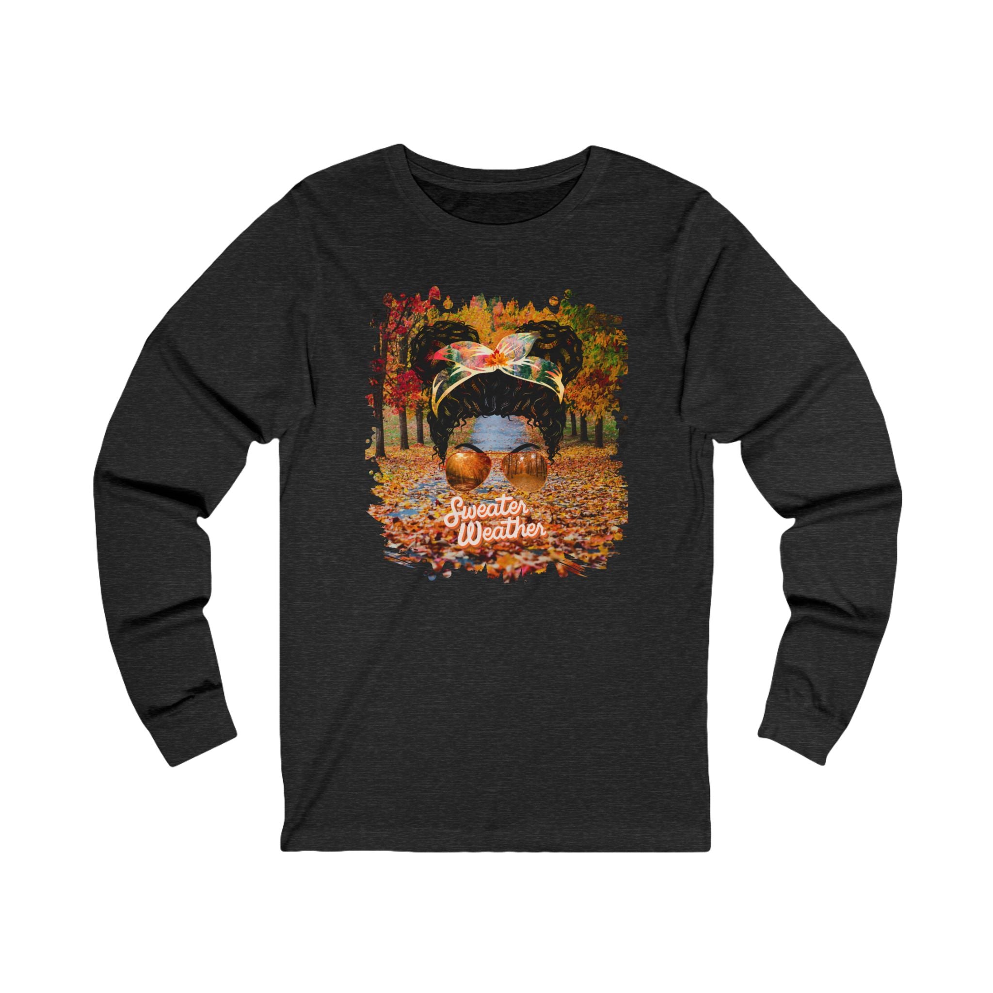 Sweater Weather Fall Trail, Black Hair Messy Bun, Unisex Jersey Long Sleeve Tee