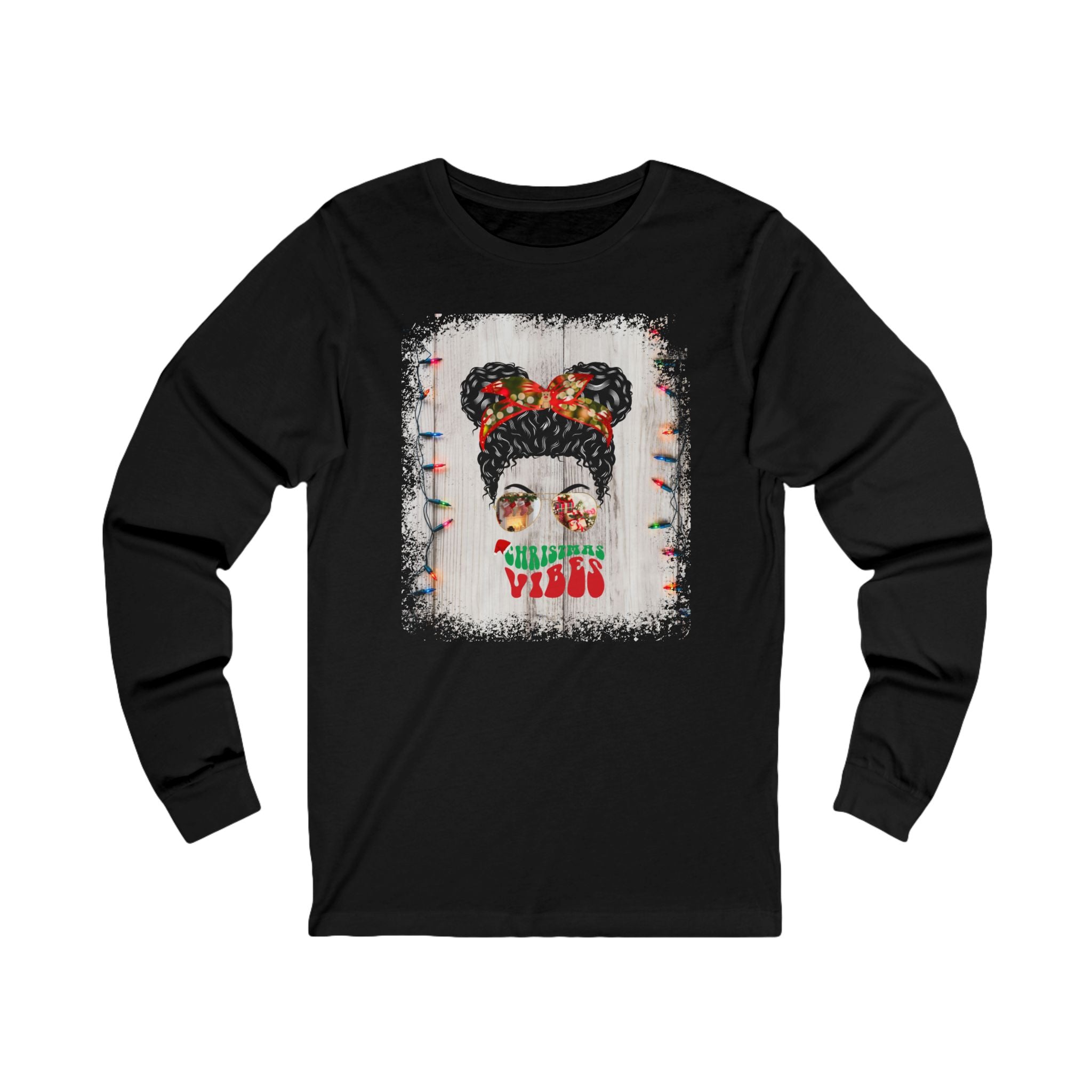 Christmas Vibes Christmas Lights String, Black Hair Messy Bun, Unisex Jersey Long Sleeve Tee