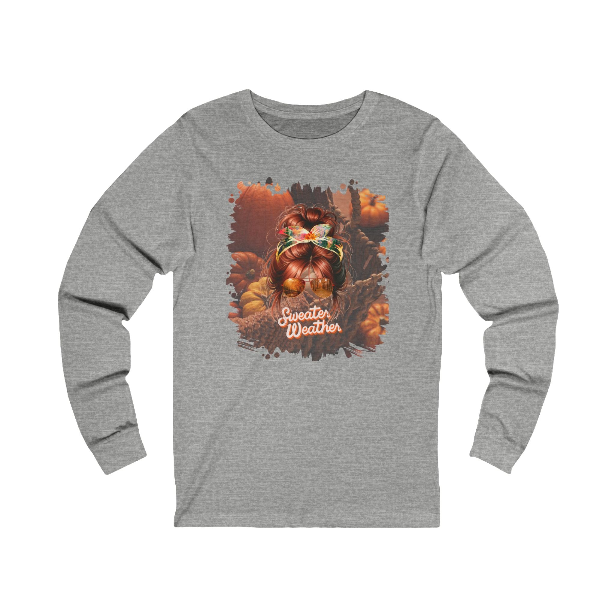 Sweater Weather Fall Pumpkins, Red Hair Messy Bun, Unisex Jersey Long Sleeve Tee