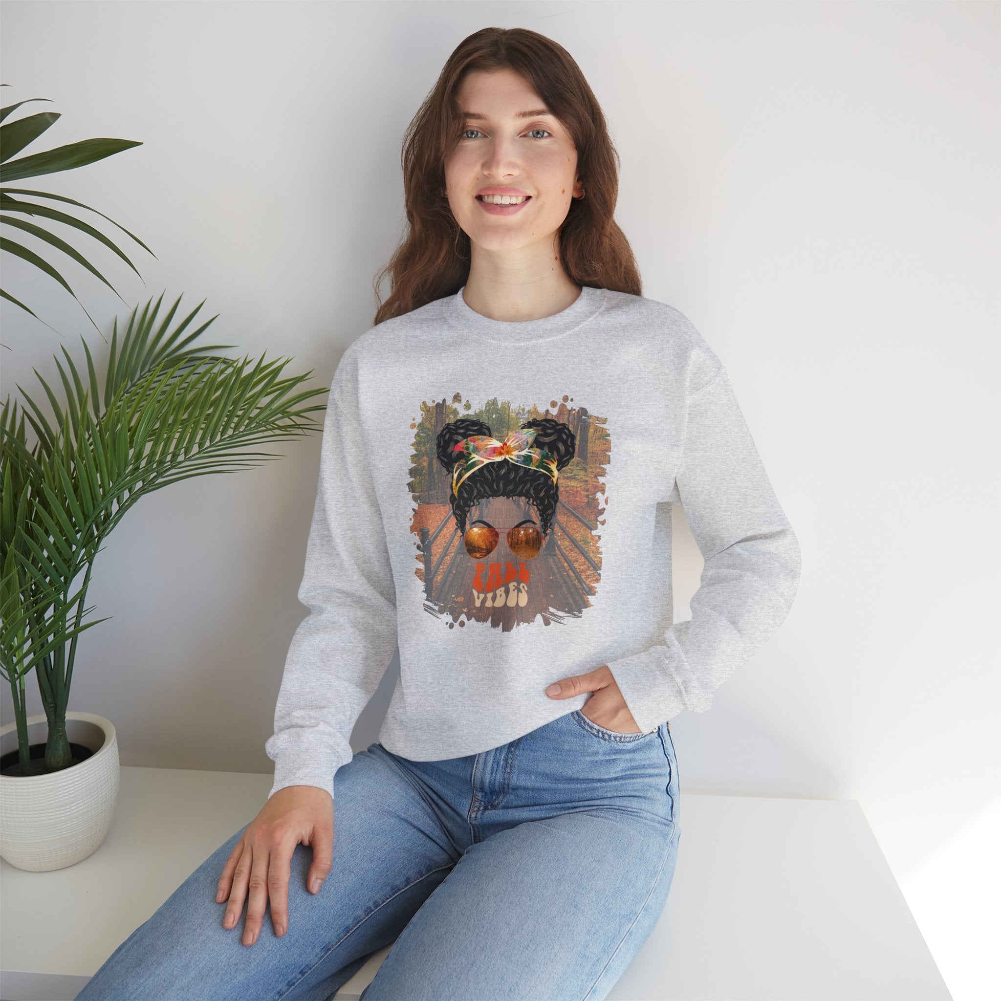 Fall Vibes Fall Hike, Black Hair Messy Bun, Unisex Heavy Blend™ Crewneck Sweatshirt