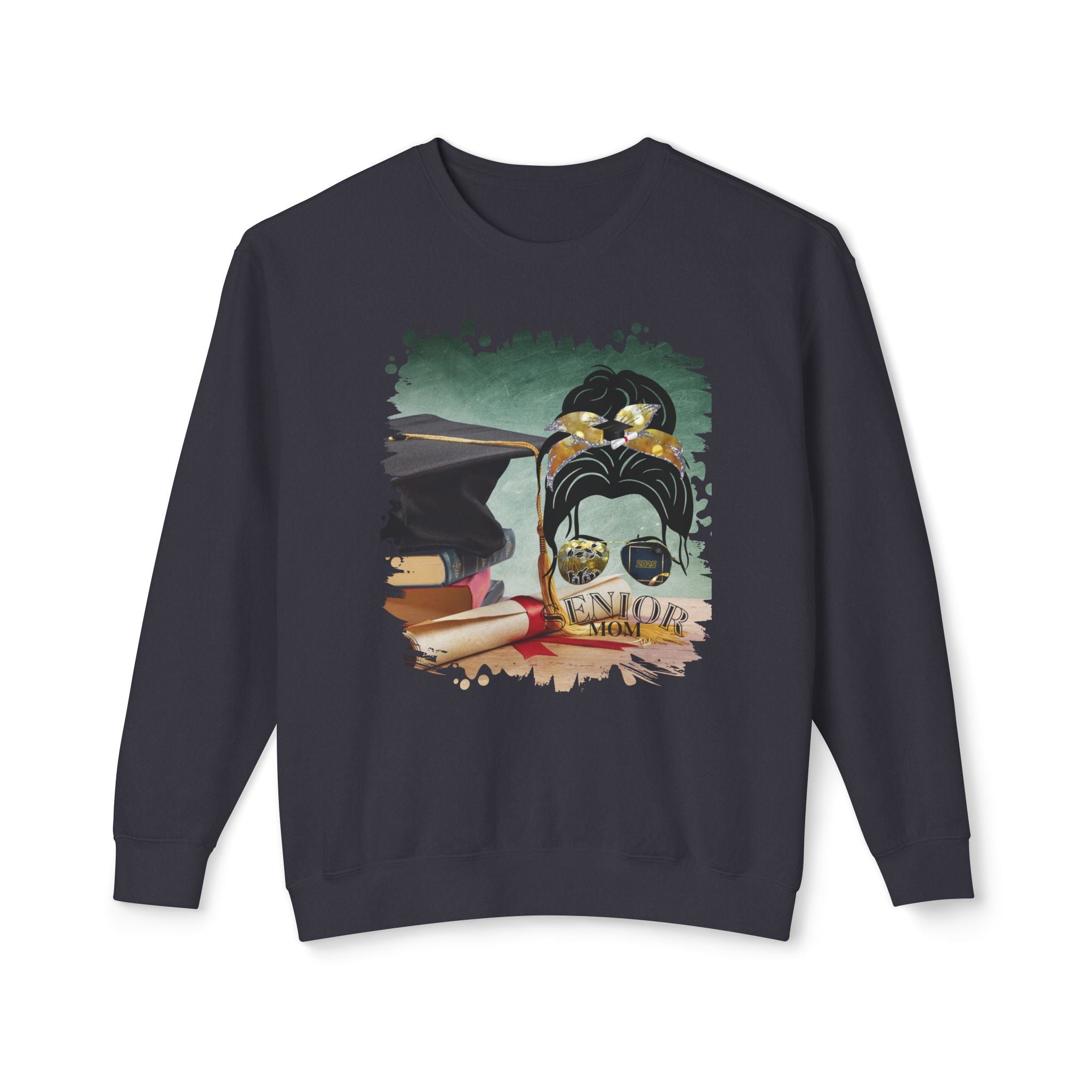 Senior Mom, Cap & Degree/Diploma, Dark Hair Messy Bun, Unisex Lightweight Crewneck Sweatshirt