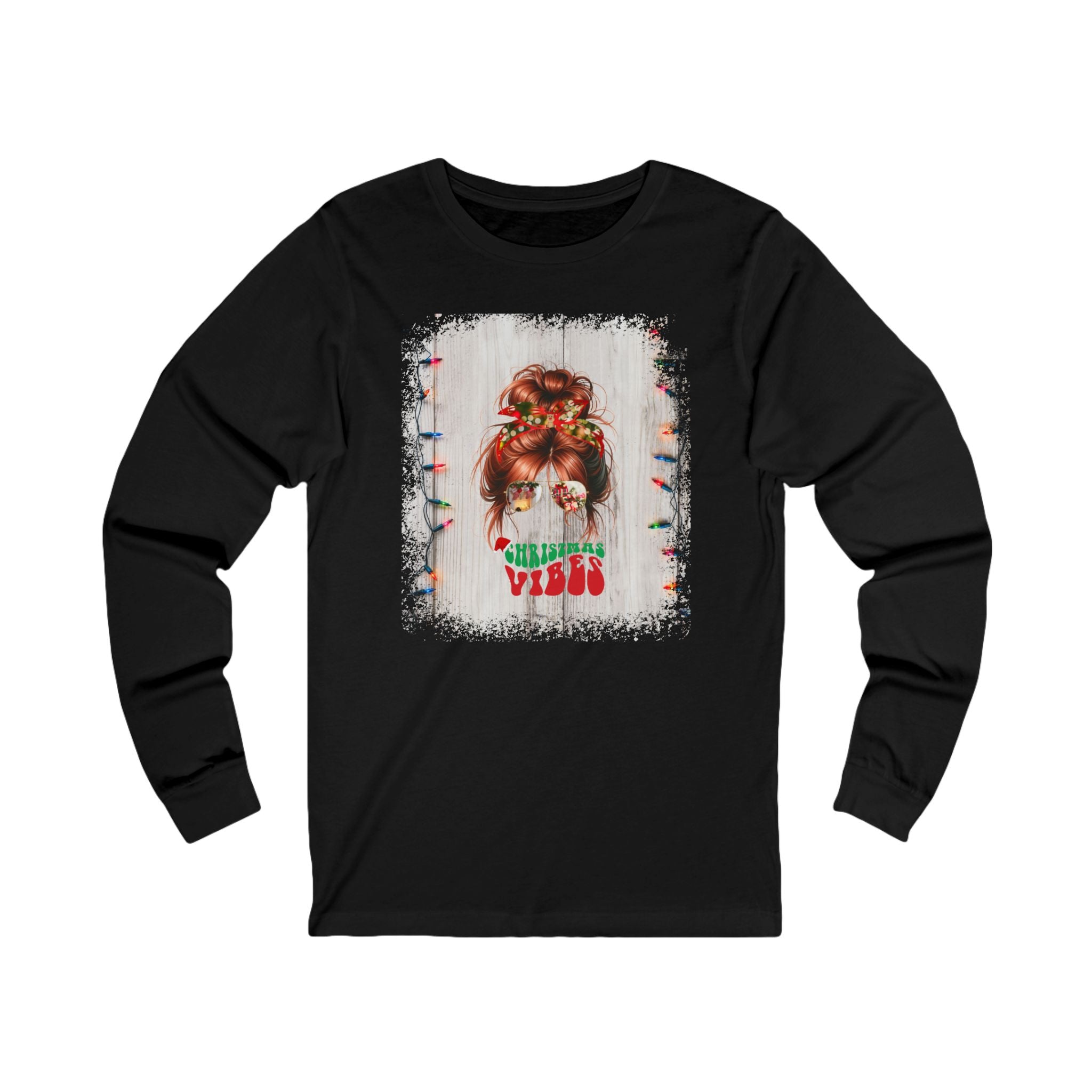 Christmas Vibes Christmas Lights String, Red Hair Messy Bun, Unisex Jersey Long Sleeve Tee