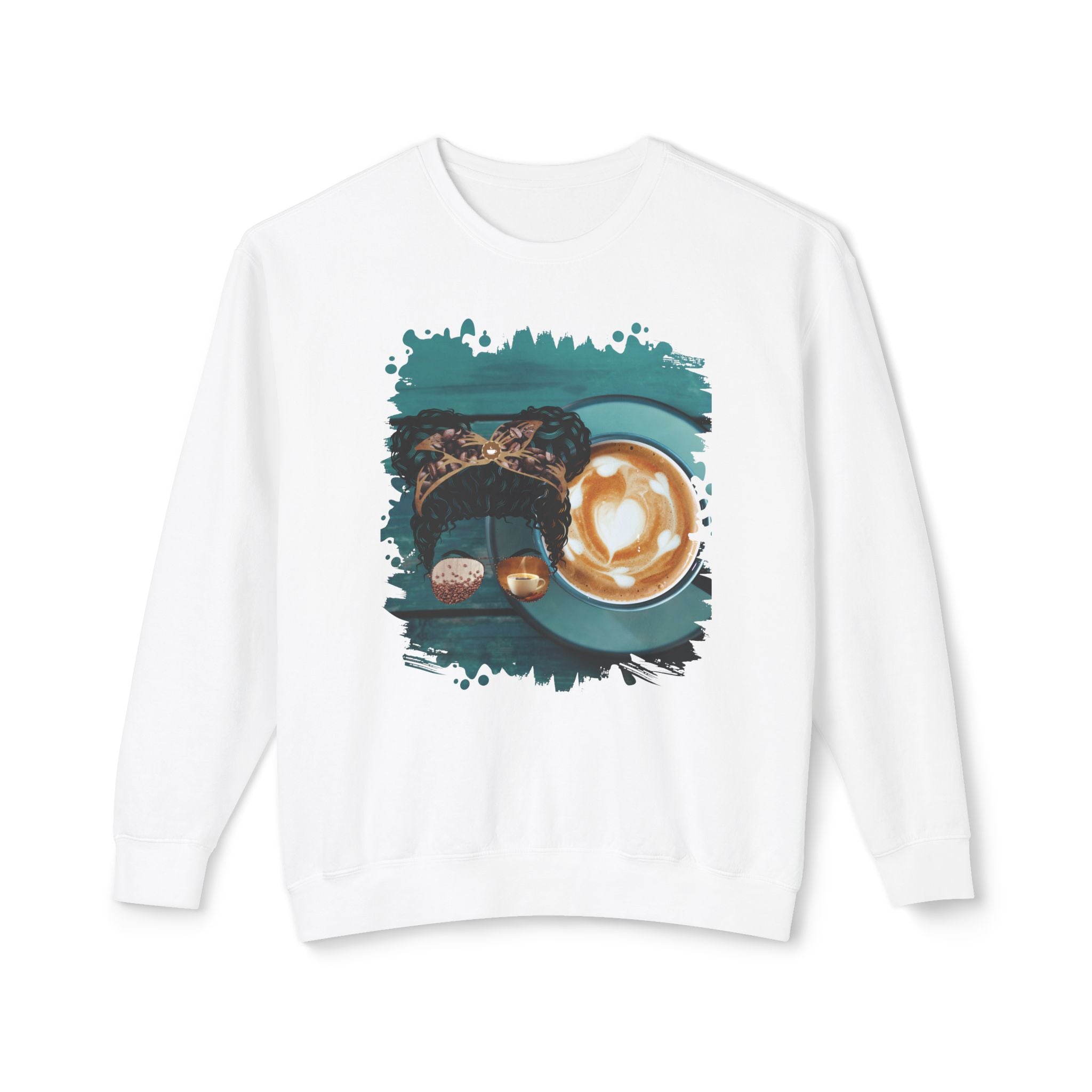 Coffee Cup, Black Hair Messy Bun, Unisex Lightweight Crewneck Sweatshirt