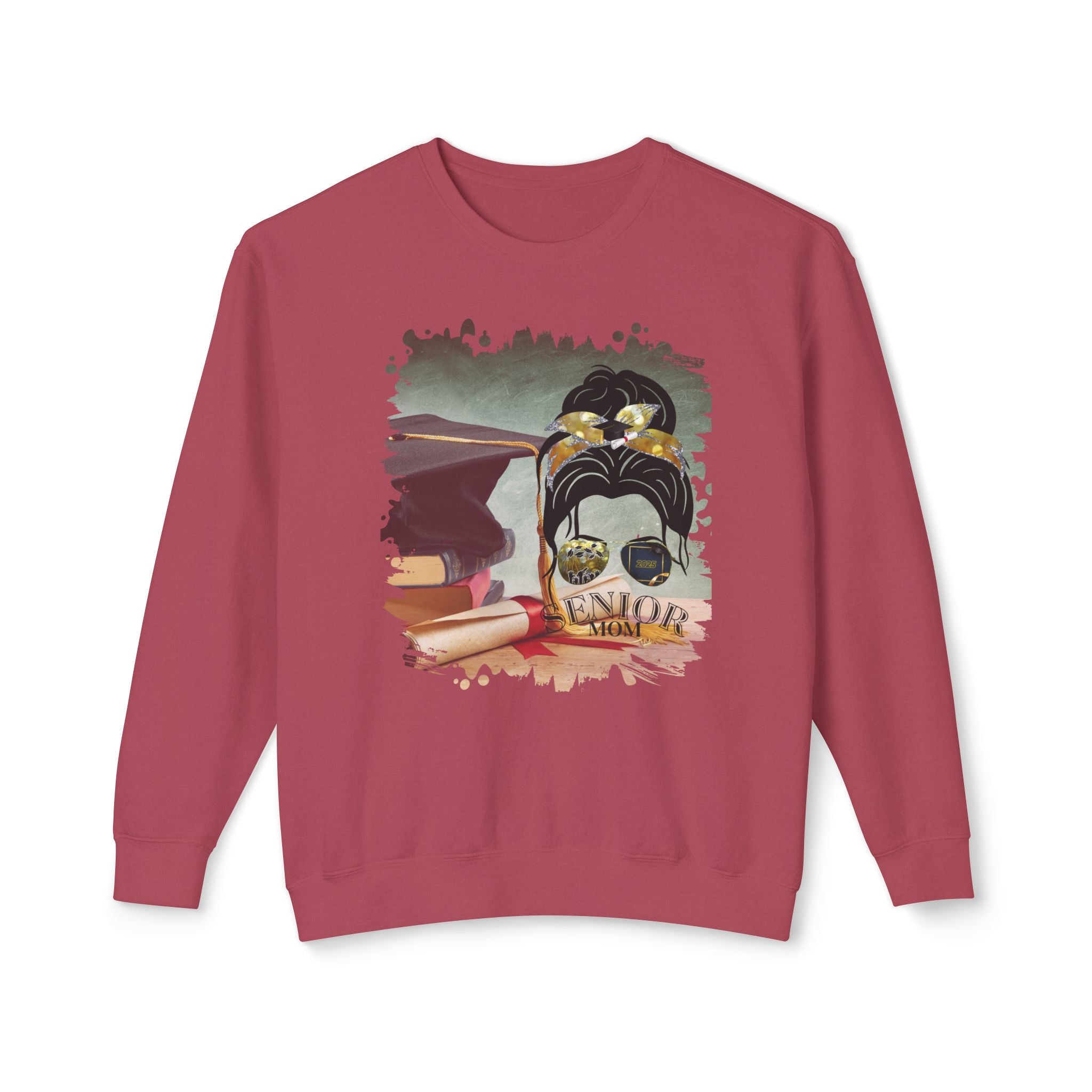 Senior Mom, Cap & Degree/Diploma, Dark Hair Messy Bun, Unisex Lightweight Crewneck Sweatshirt