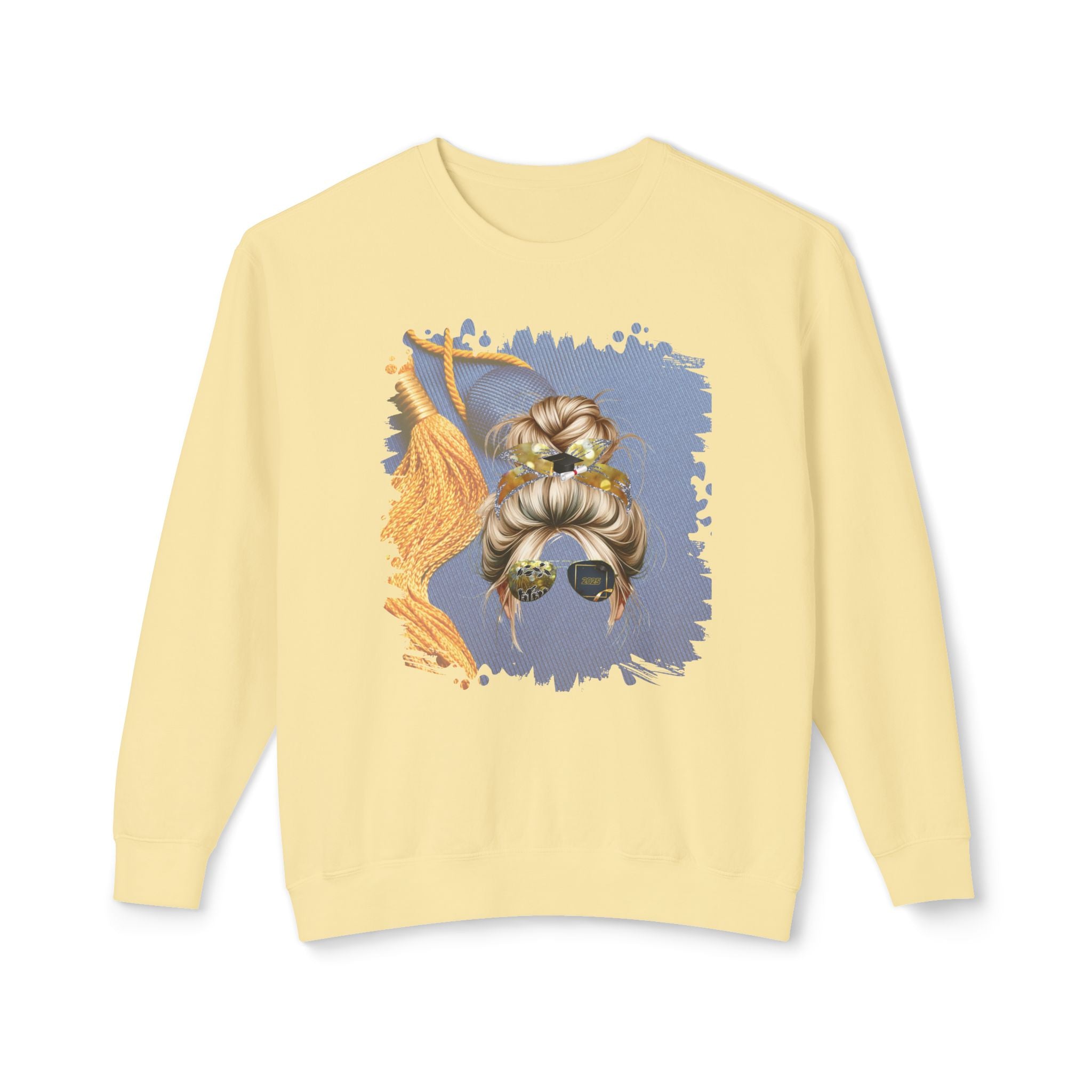 Graduation Cap, Blond Hair Messy Bun, Unisex Lightweight Crewneck Sweatshirt