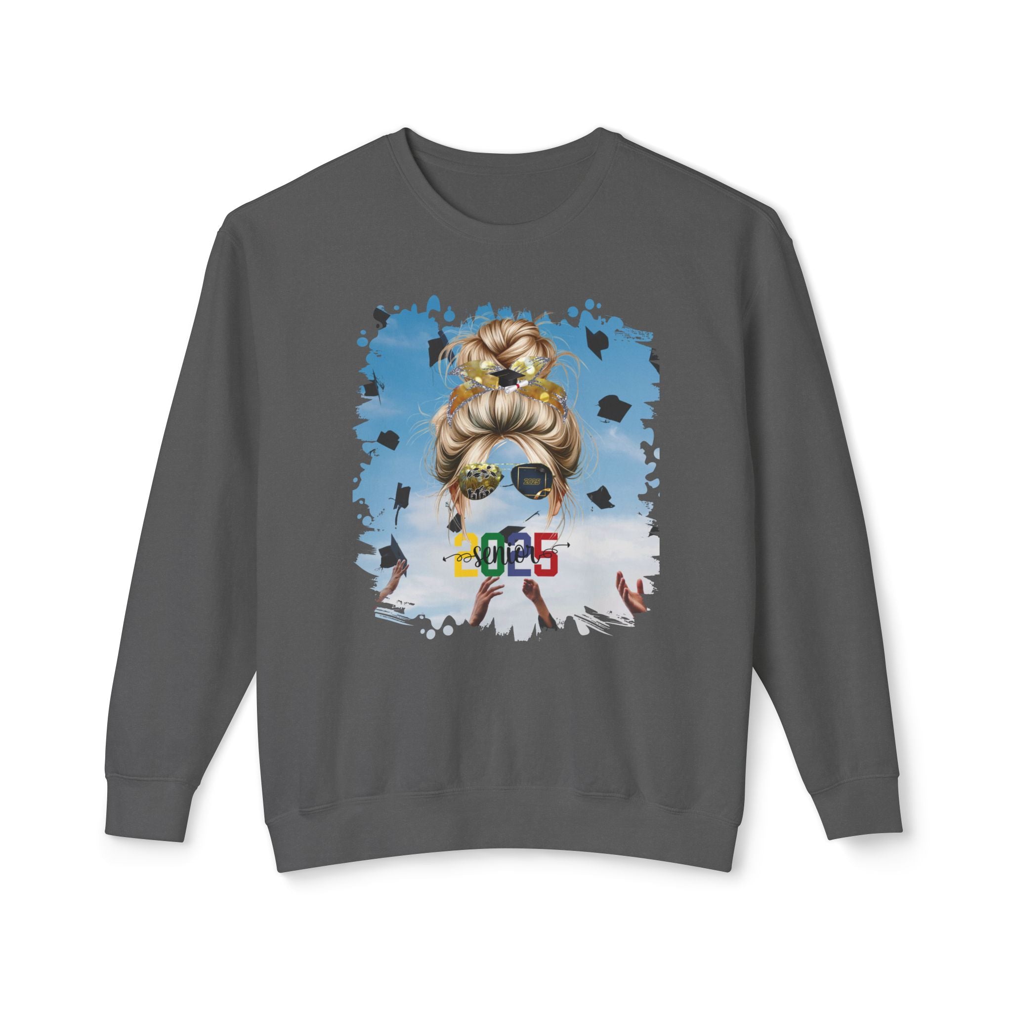 Senior 2025 Colorful, Celebration, Blond Hair Messy Bun, Unisex Lightweight Crewneck Sweatshirt