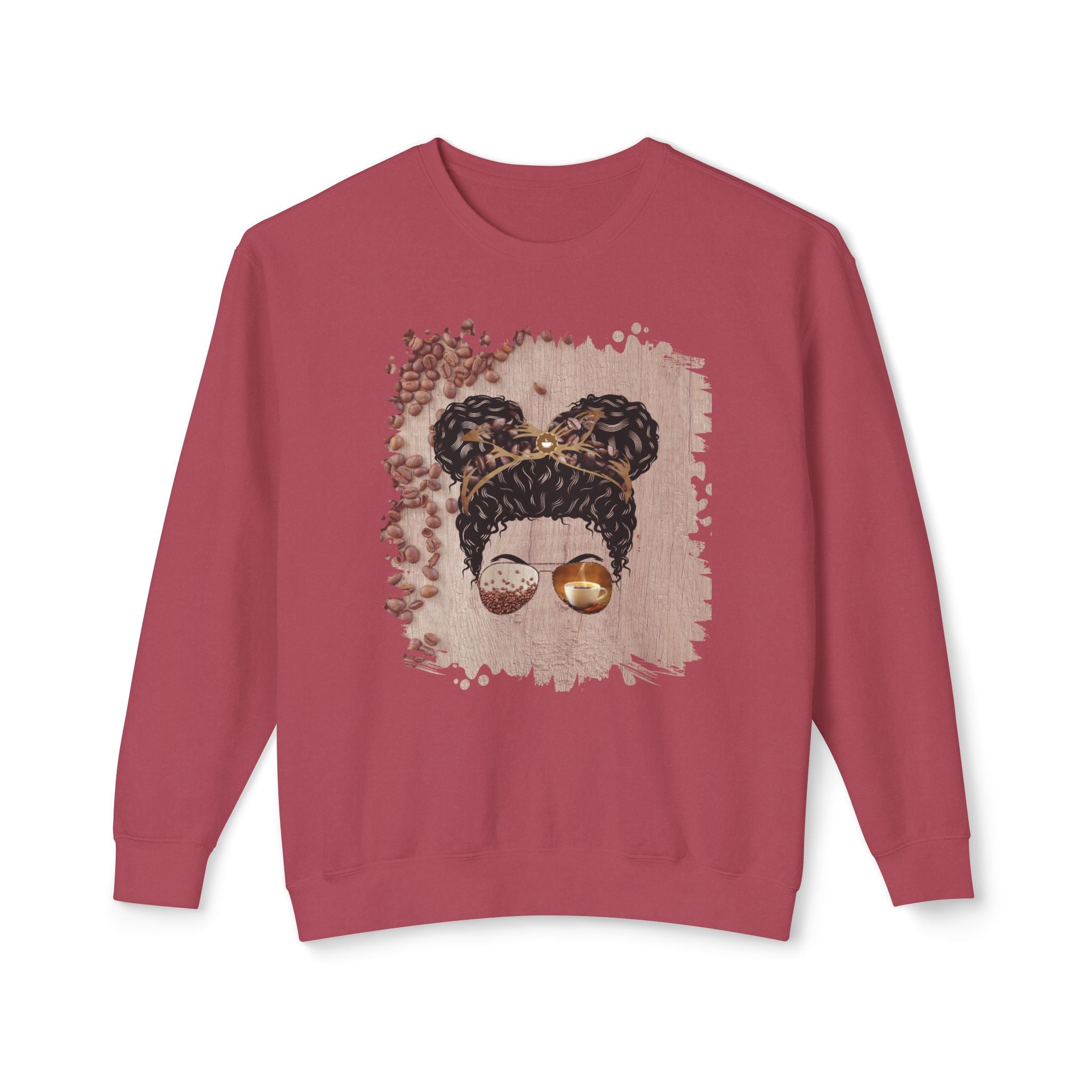 Coffee Beans Table, Black Hair Messy Bun, Unisex Lightweight Crewneck Sweatshirt