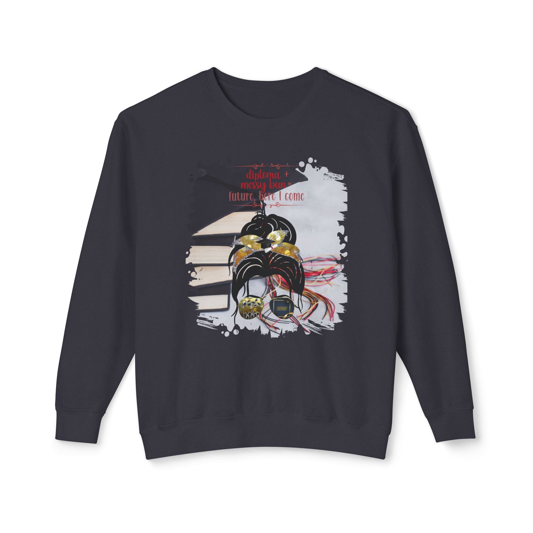 Diploma + Messy Bun, Cap & Books, Dark Hair Messy Bun, Unisex Lightweight Crewneck Sweatshirt