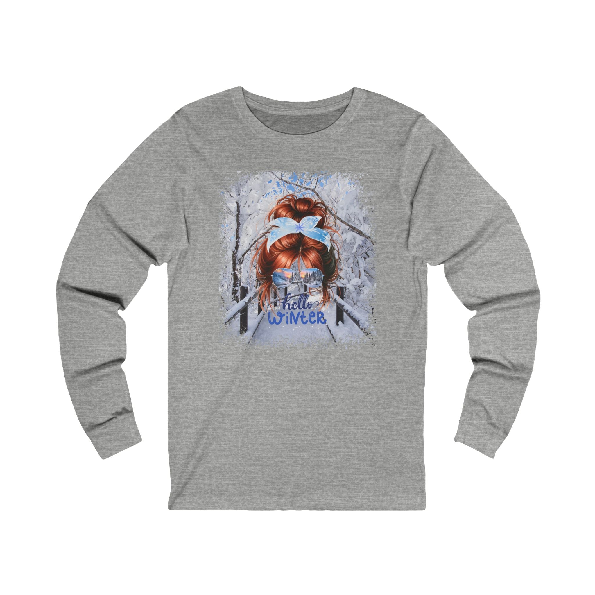 Hello Winter, Winter Hike, Red Hair Messy Bun, Unisex Jersey Long Sleeve Tee