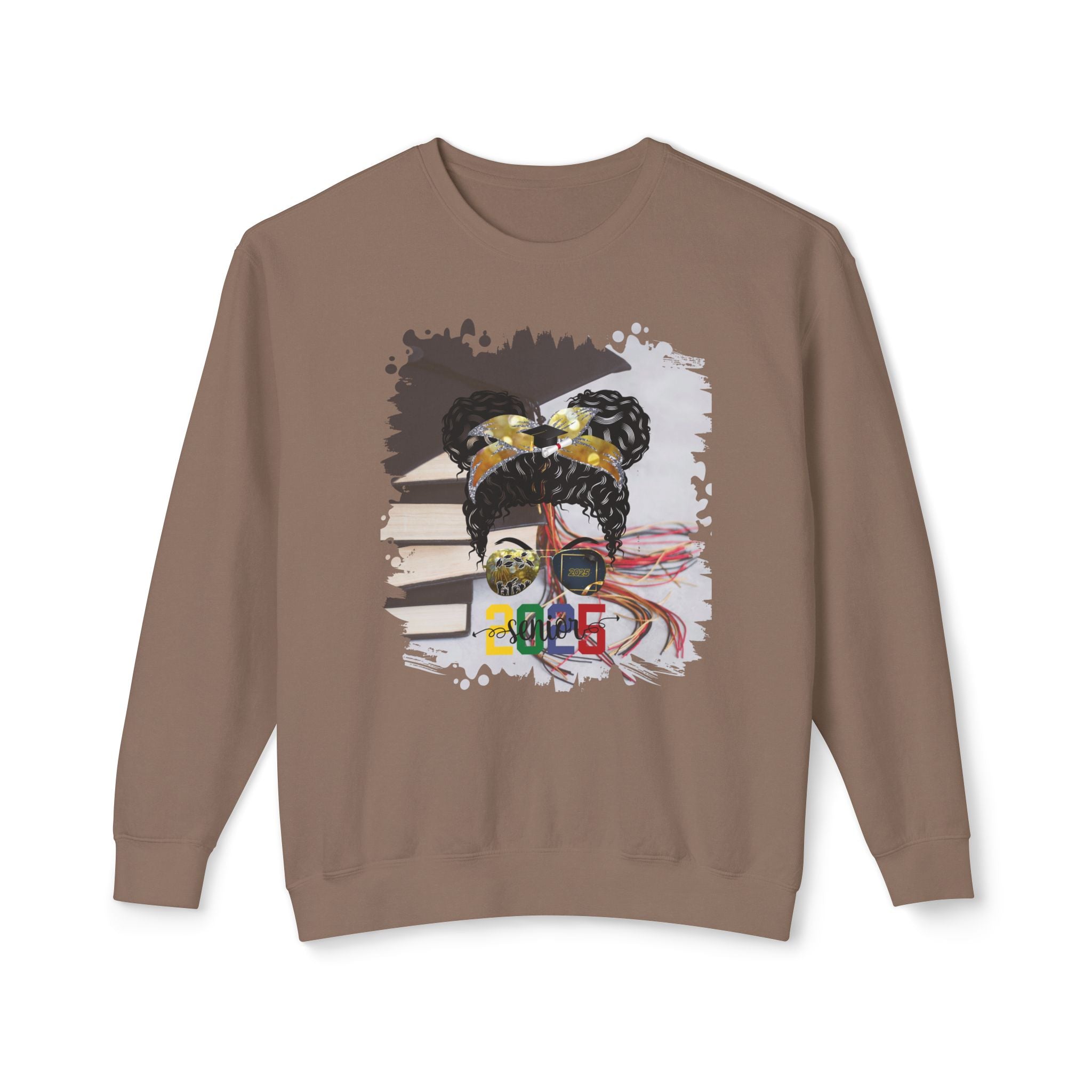 Senior 2025 Colorful, Cap & Books, Black Hair Messy Bun, Unisex Lightweight Crewneck Sweatshirt