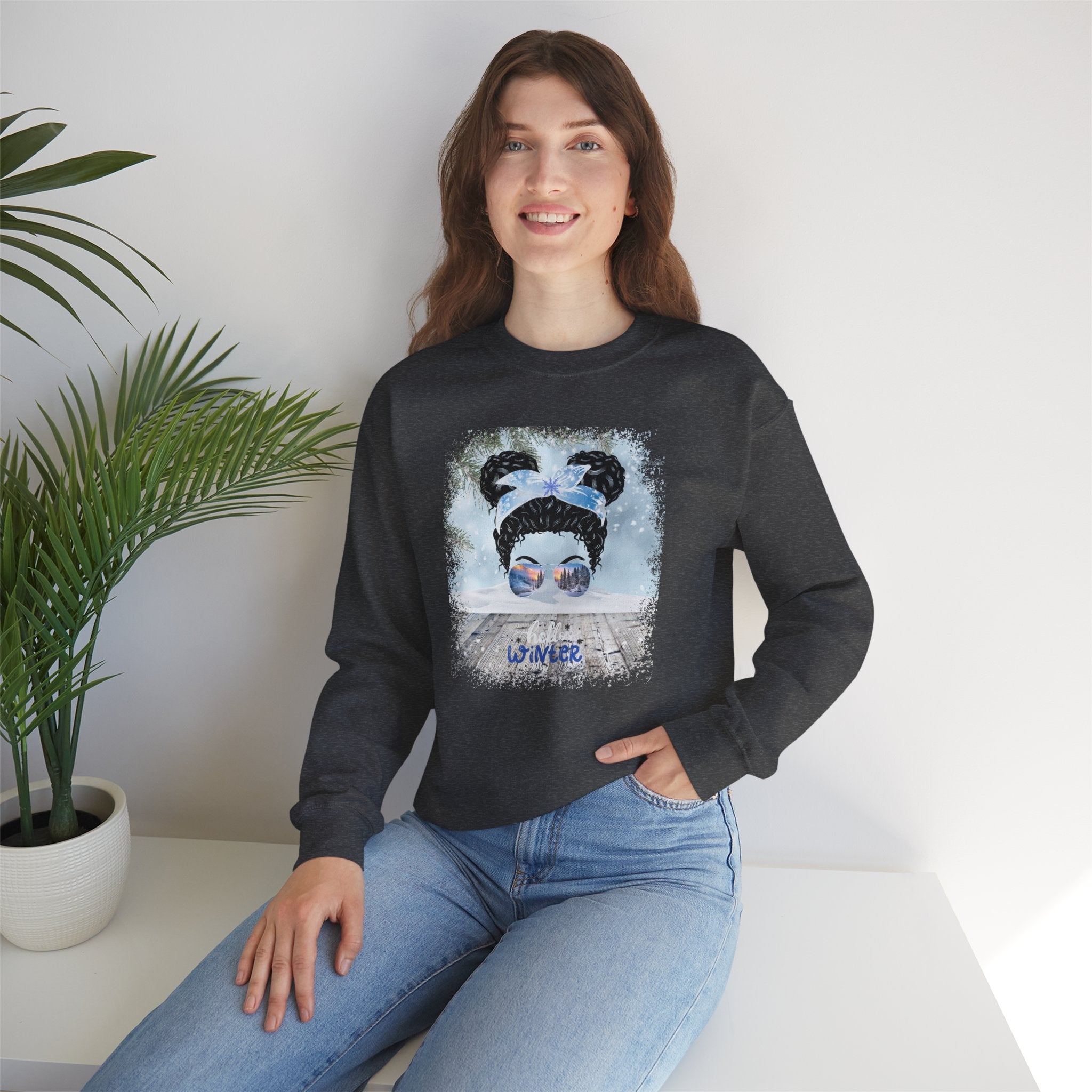 Hello Winter Snowy Porch, Black Hair Messy Bun, Unisex Heavy Blend™ Crewneck Sweatshirt