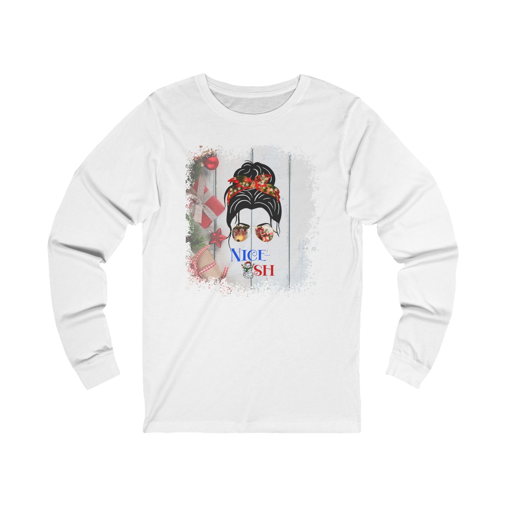 Nice-ish Christmas Presents, Dark Hair Messy Bun, Unisex Jersey Long Sleeve Tee