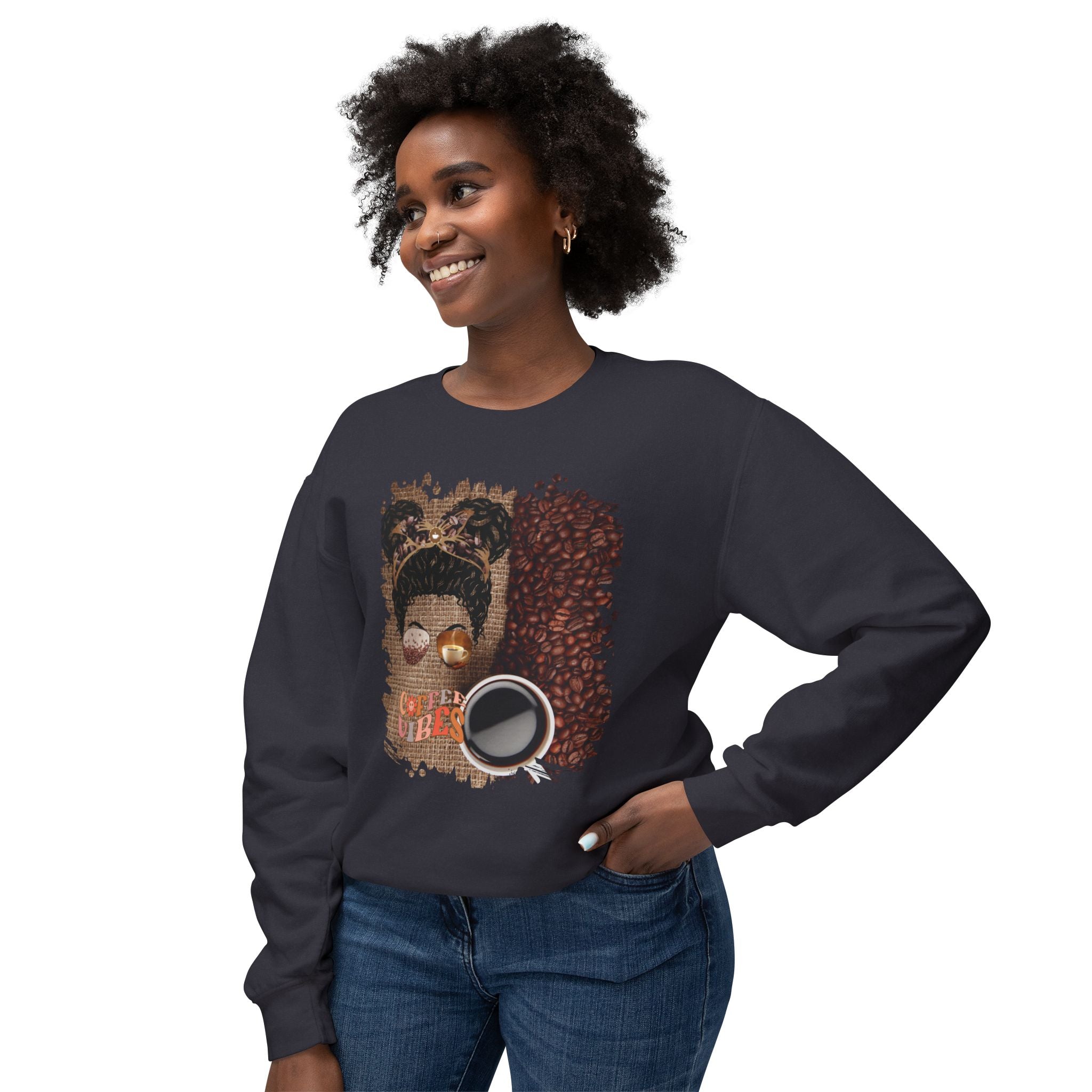 Coffee Vibes, Coffee Beans Bag, Black Hair Messy Bun, Unisex Lightweight Crewneck Sweatshirt