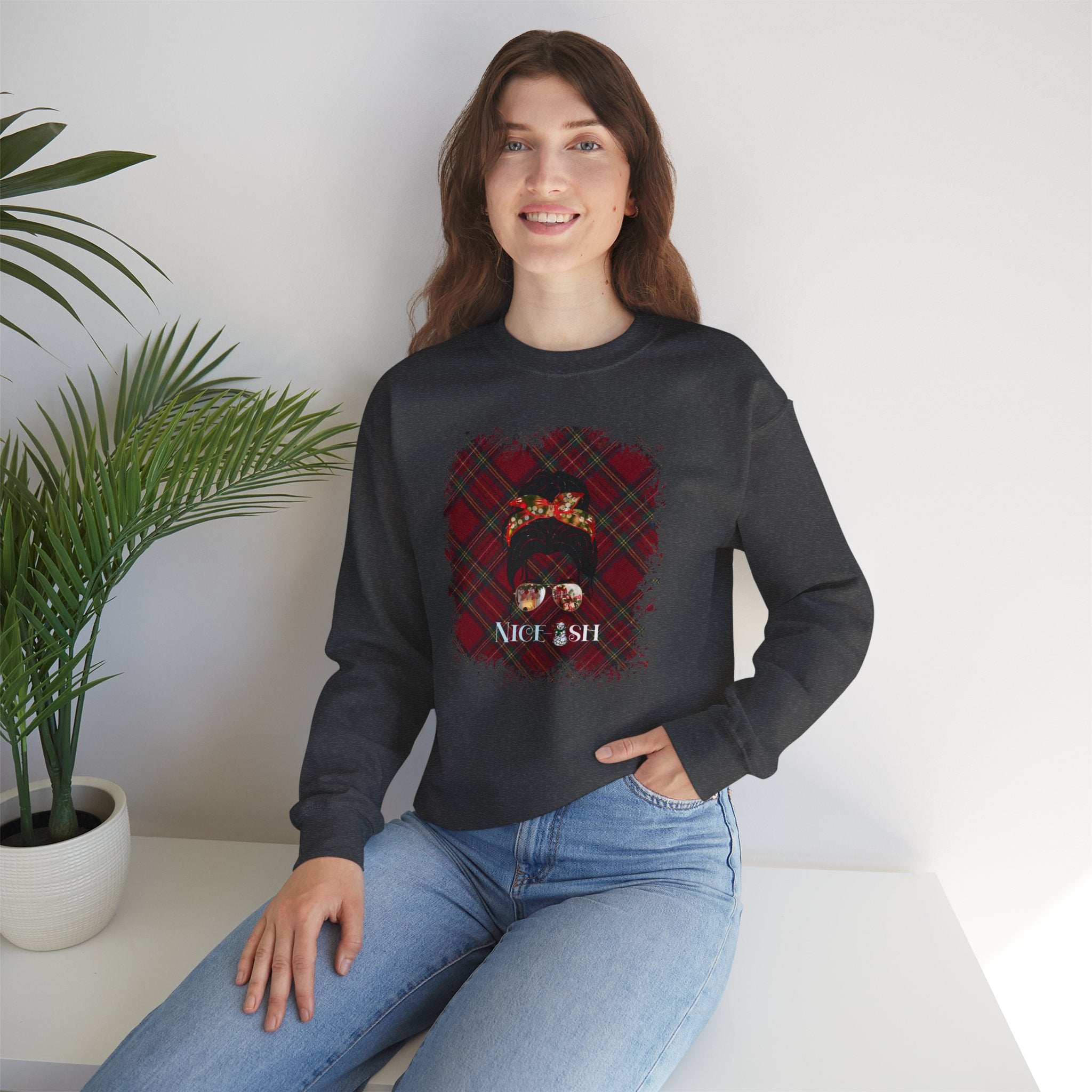 Nice-ish Christmas Plaid, Dark Hair Messy Bun, Unisex Heavy Blend™ Crewneck Sweatshirt