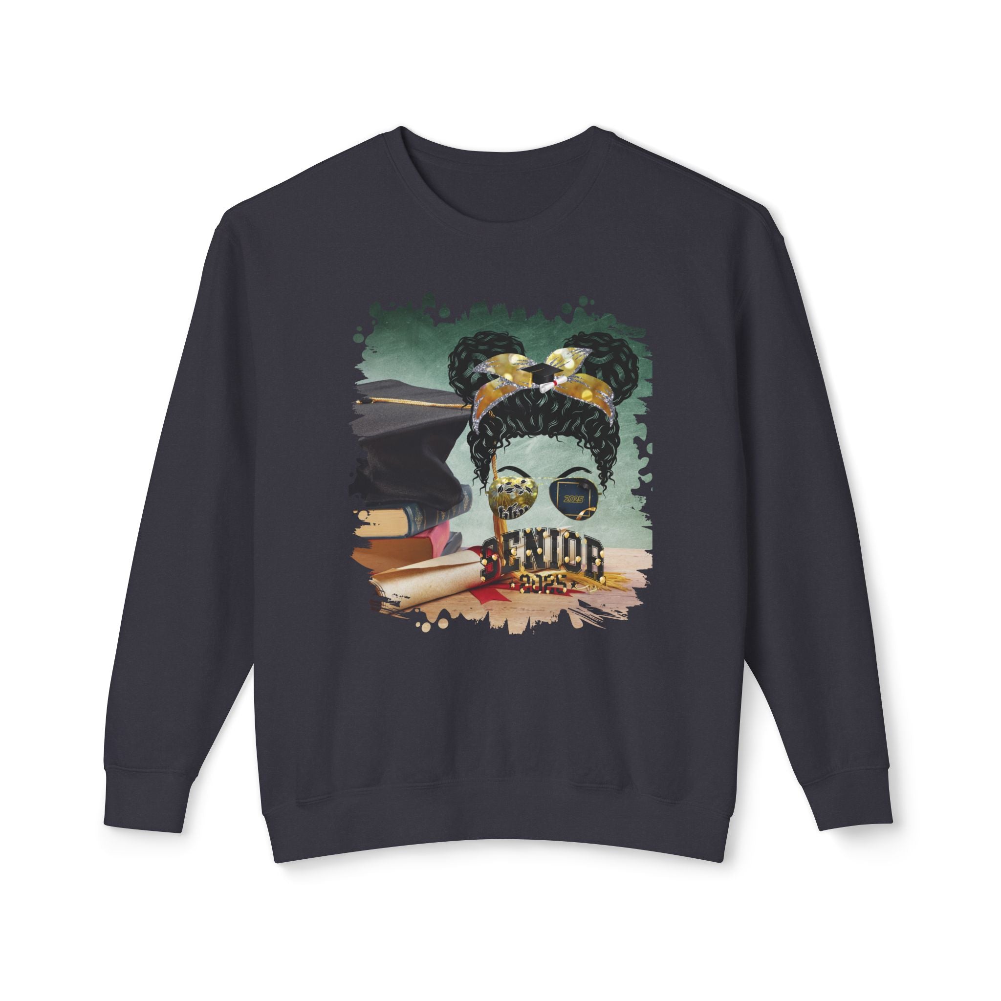 Senior 2025 Balloons, Cap & Degree/Diploma, Black Hair Messy Bun, Unisex Lightweight Crewneck Sweatshirt