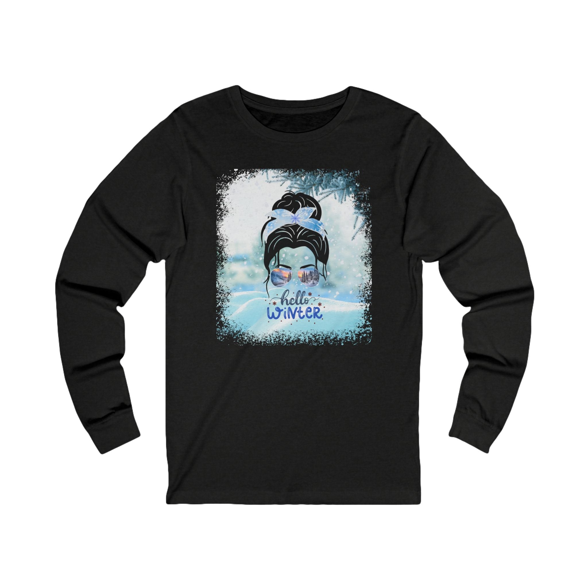 Hello Winter Snow, Dark Hair Messy Bun, Unisex Jersey Long Sleeve Tee