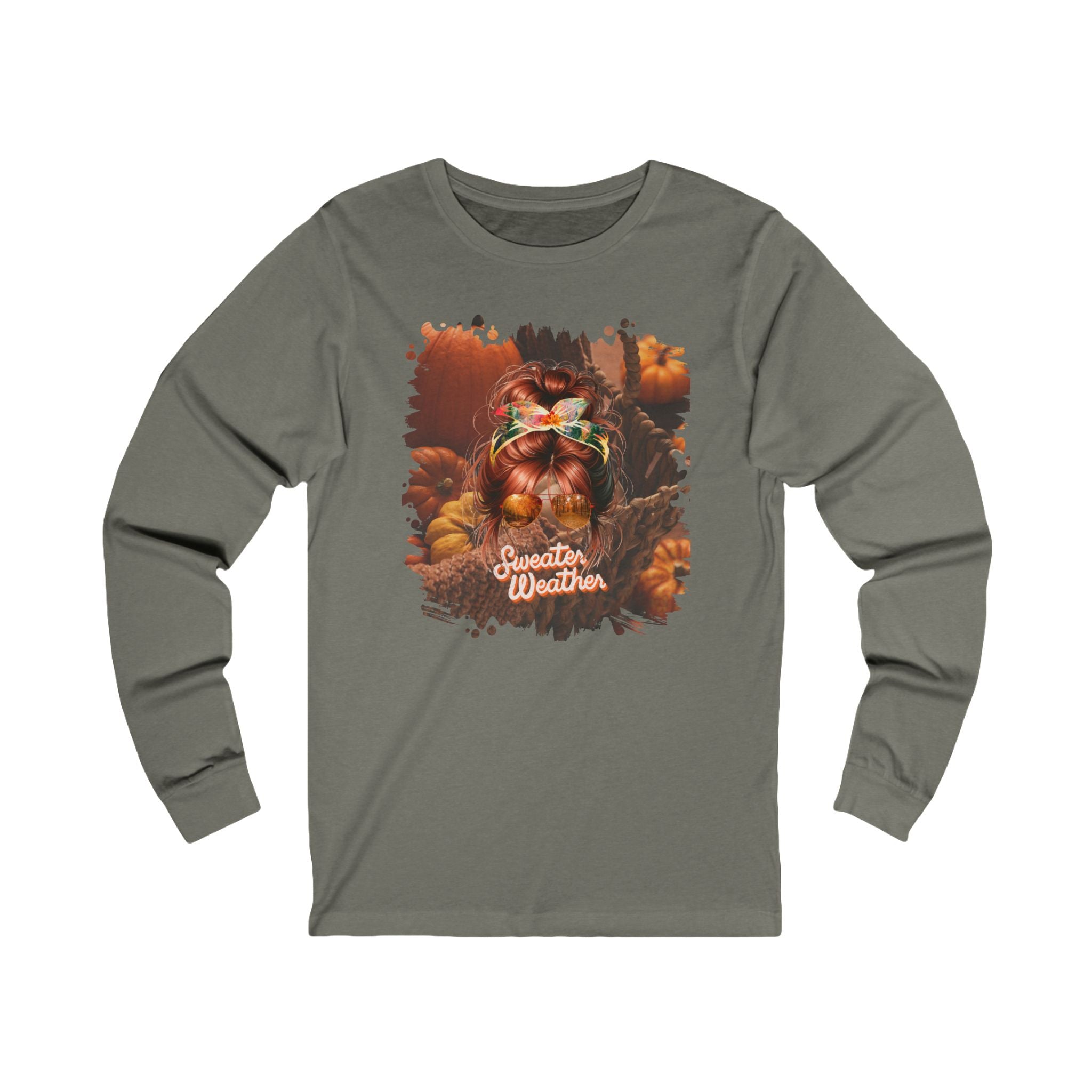 Sweater Weather Fall Pumpkins, Red Hair Messy Bun, Unisex Jersey Long Sleeve Tee