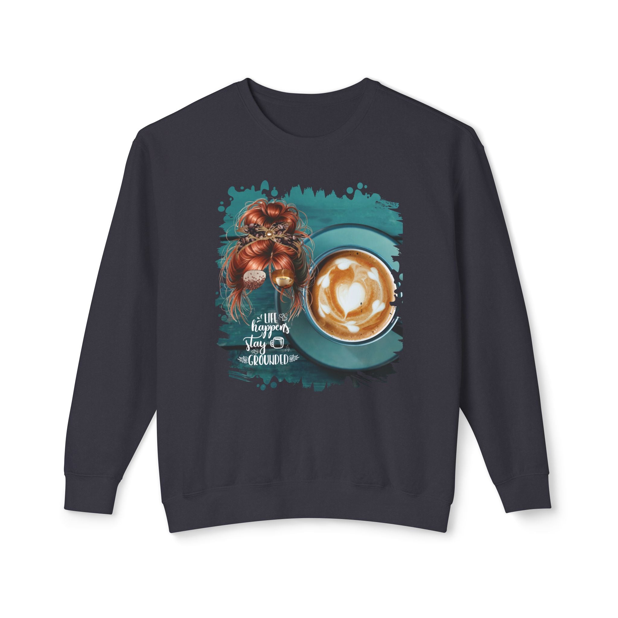 Stay Grounded, Coffee Cup, Red Hair Messy Bun, Unisex Lightweight Crewneck Sweatshirt