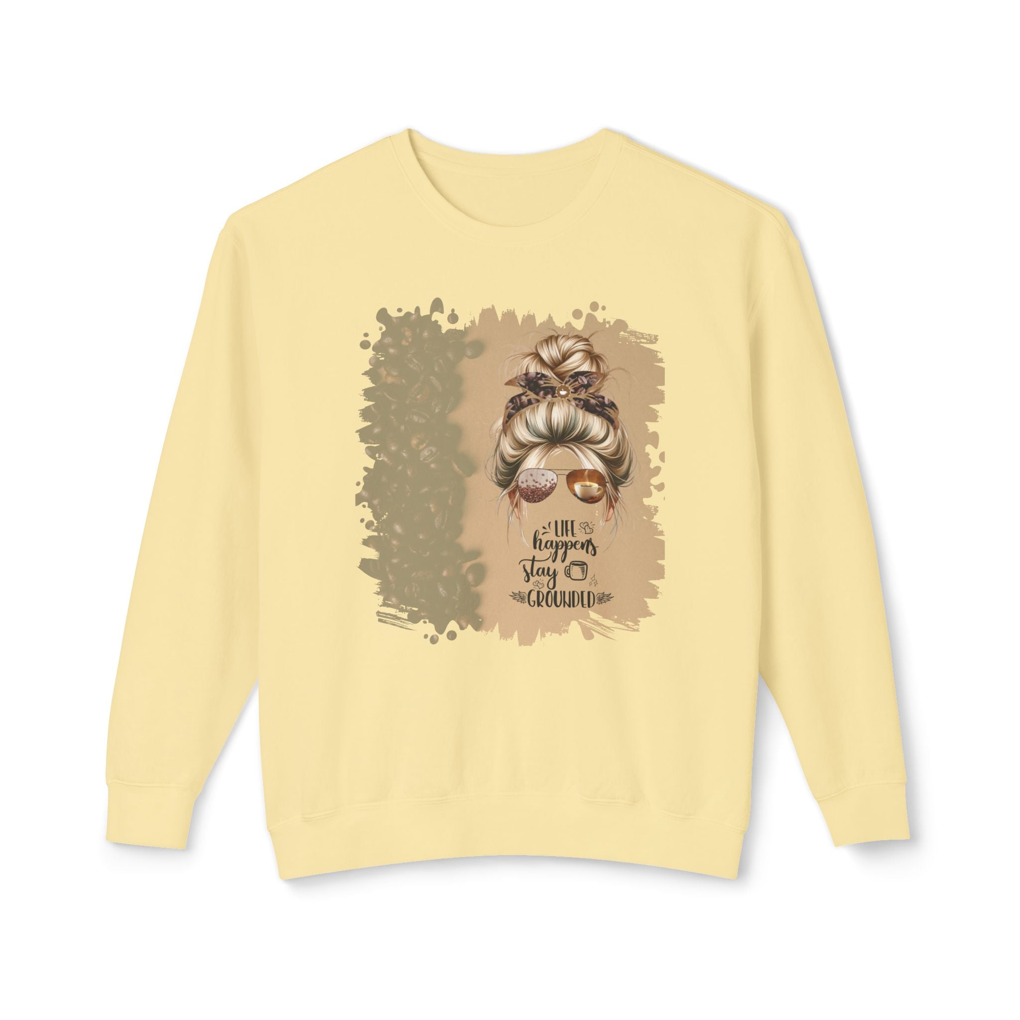 Stay Grounded, Coffee Beans Shade, Blond Hair Messy Bun, Unisex Lightweight Crewneck Sweatshirt