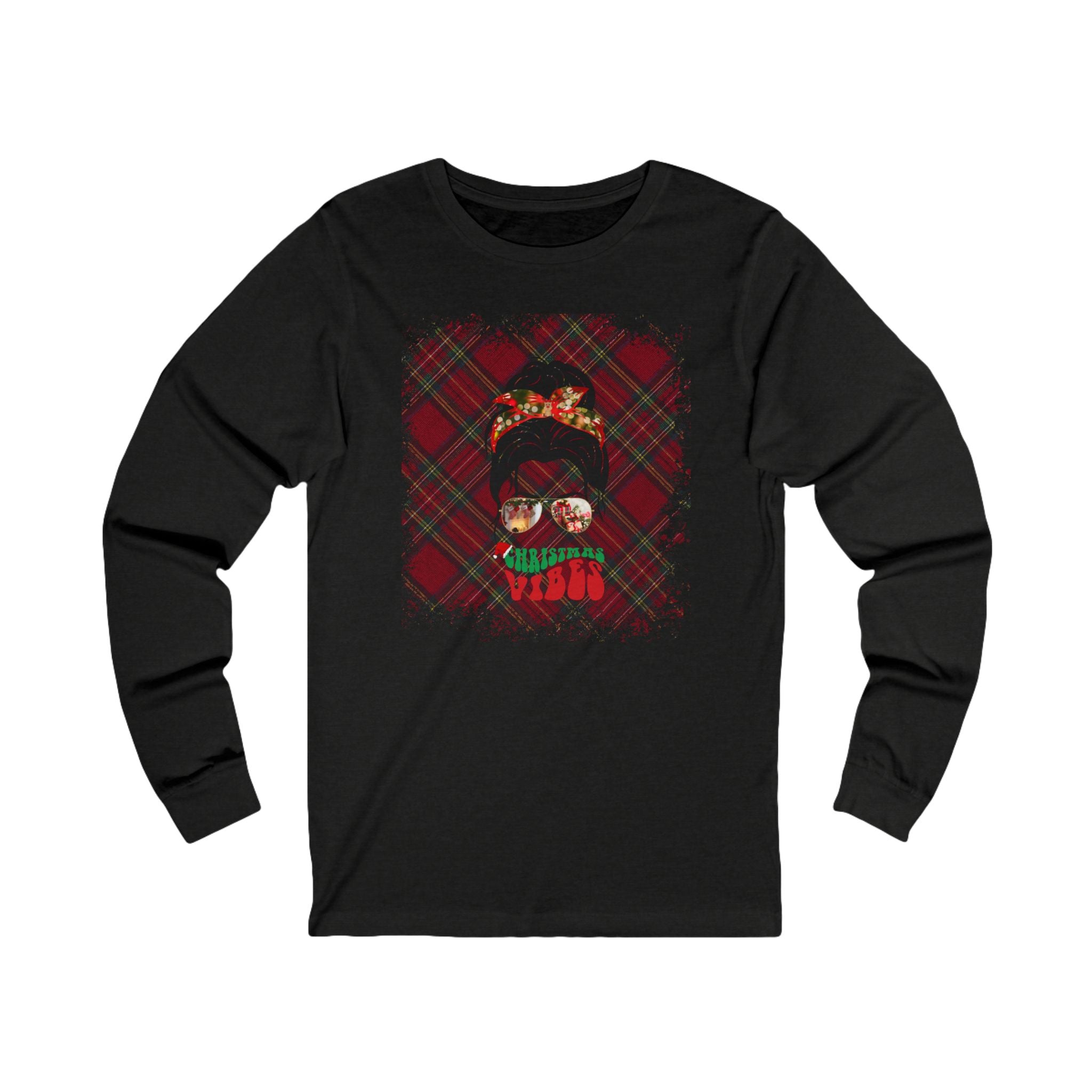 Christmas Vibes Christmas Plaid, Dark Hair Messy Bun, Unisex Jersey Long Sleeve Tee